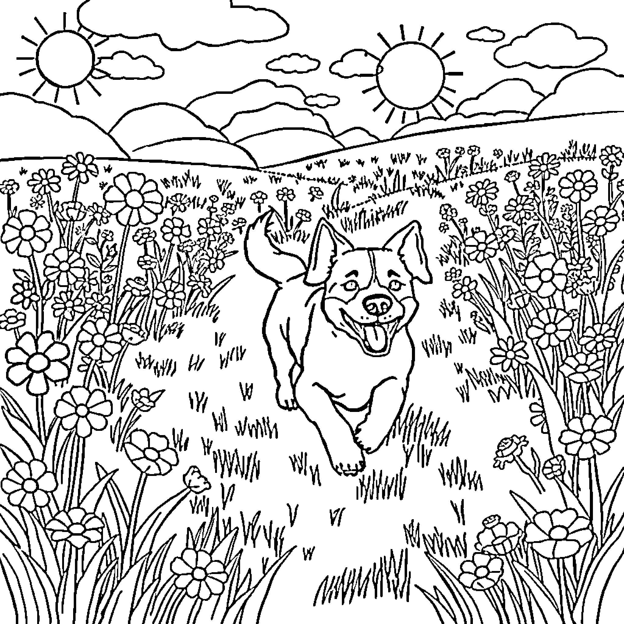 Dog playing happily in the garden Coloring Page (free black-and-white line drawing printable PDF for all, from beginners to advanced learners, including children, teens, adults, and seniors)