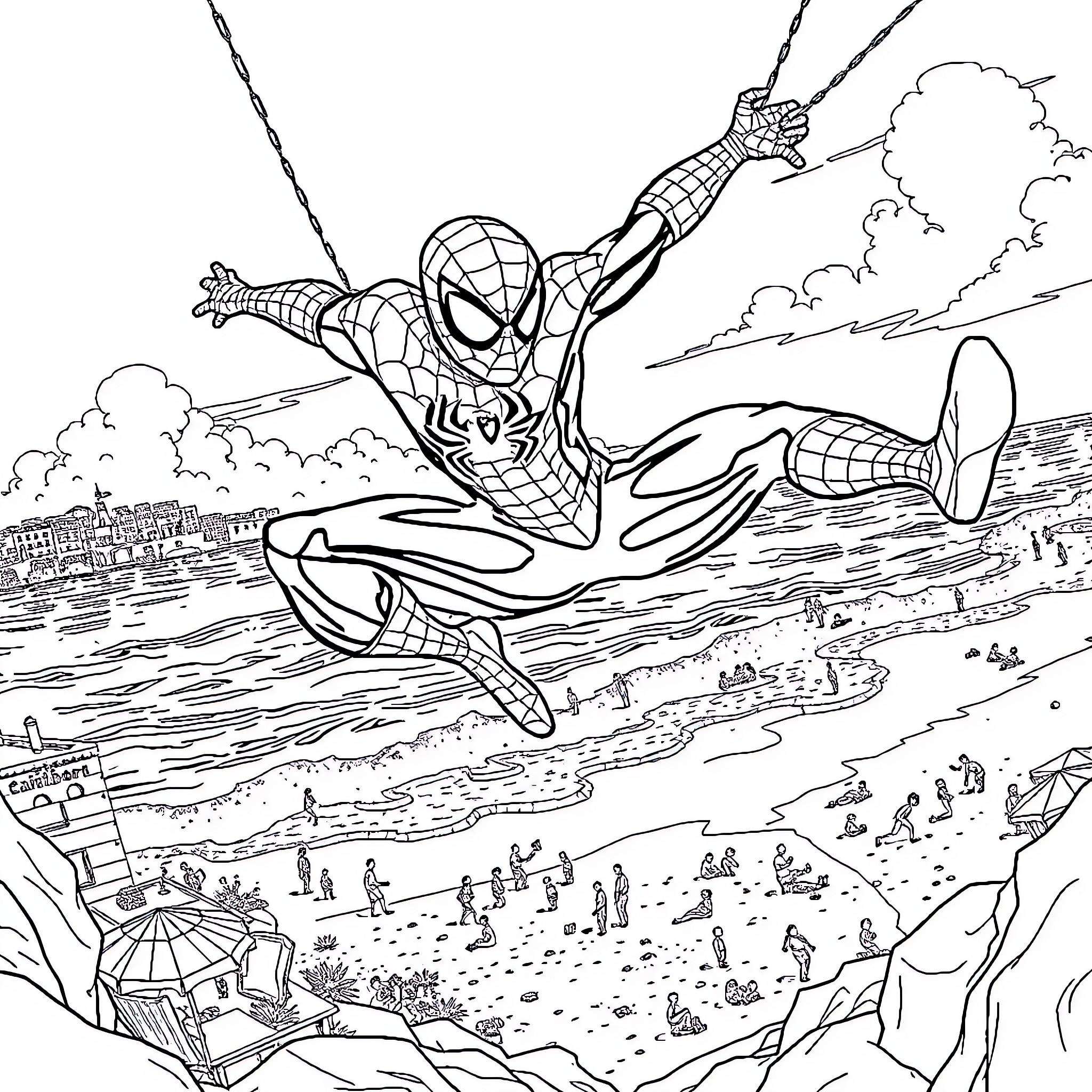 Spider-Man swinging through the city skyline Coloring Page (free black-and-white line drawing printable PDF for all, from beginners to advanced learners, including children, teens, adults, and seniors)