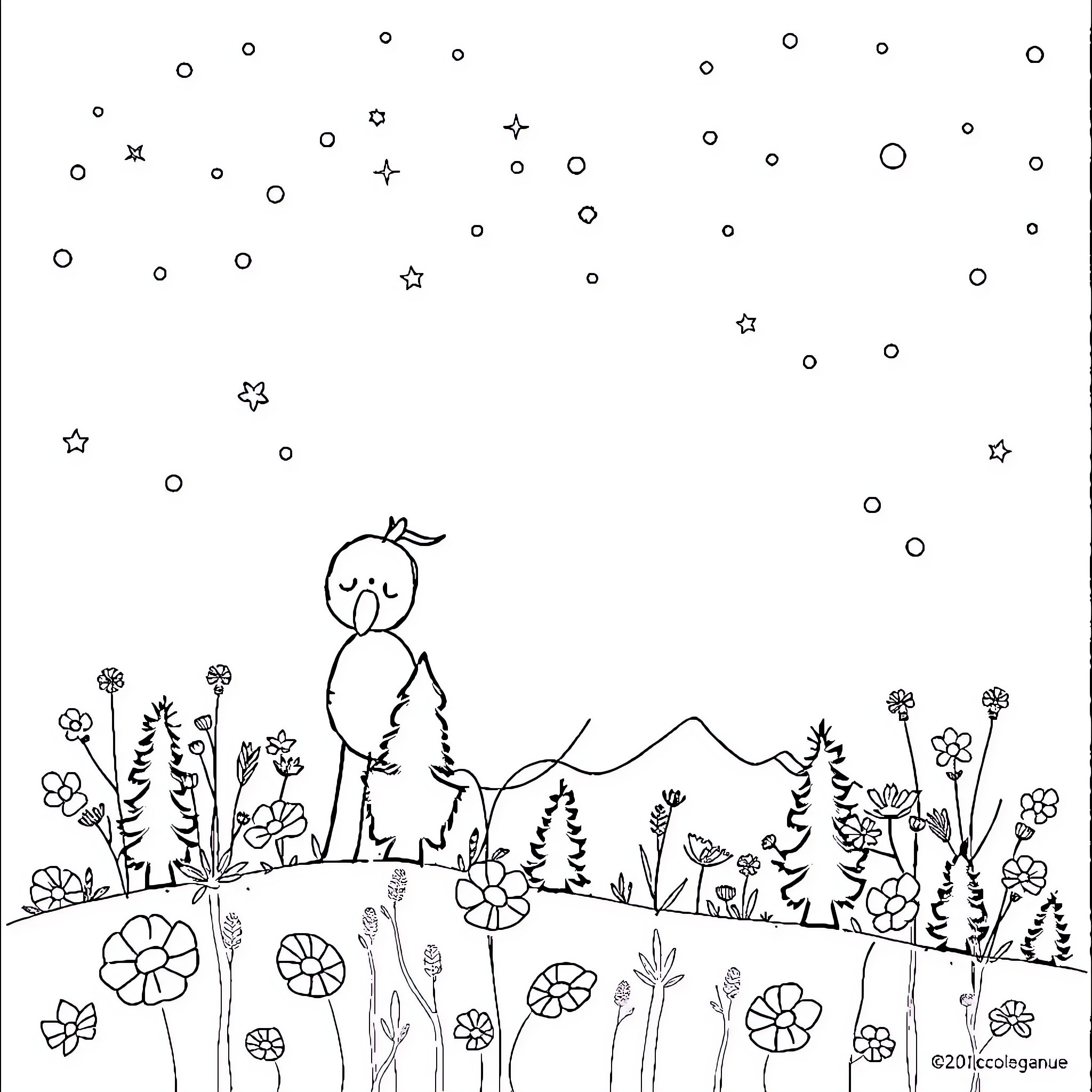 Brother sitting in magical nature with stars Coloring Page (free black-and-white line drawing printable PDF for all, from beginners to advanced learners, including children, teens, adults, and seniors)