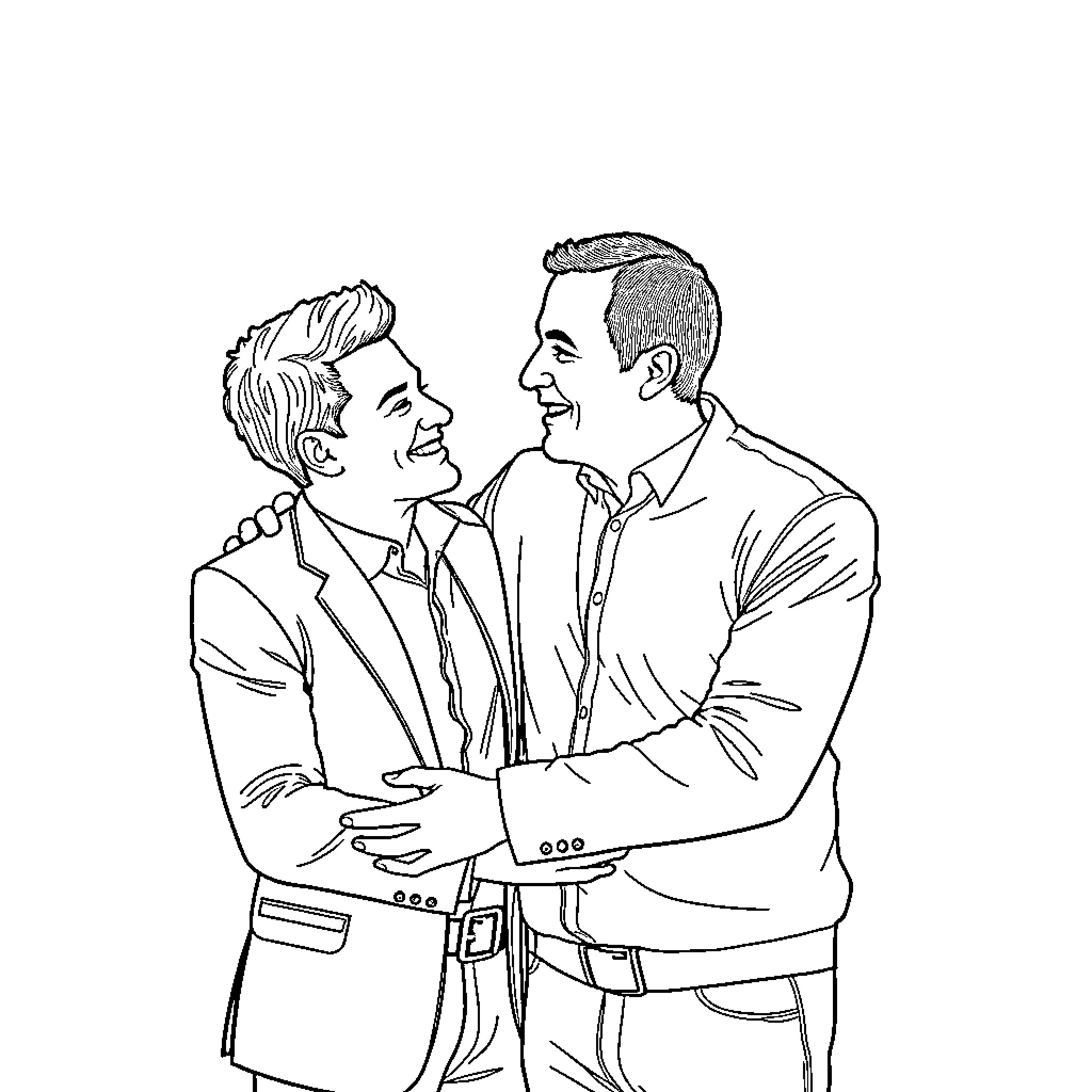 Kier Starmer engaged in friendly conversation with companion Coloring Page (free black-and-white line drawing printable PDF for all, from beginners to advanced learners, including children, teens, adults, and seniors)