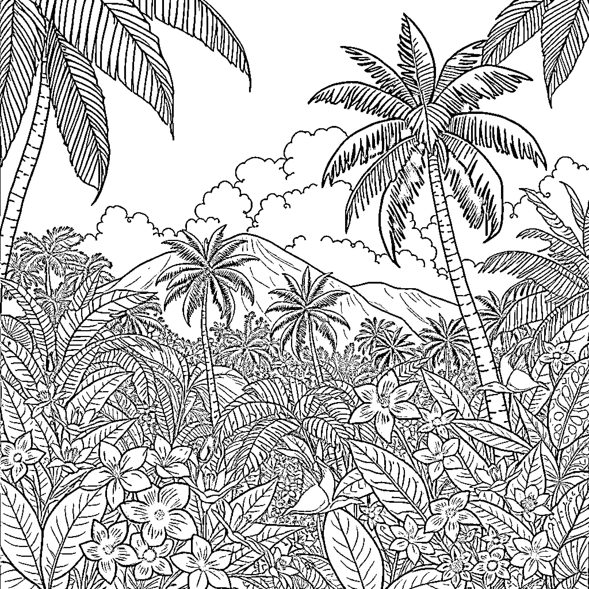 Nature's Tropical Landscape with Lush Foliage Coloring Page (free black-and-white line drawing printable PDF for all, from beginners to advanced learners, including children, teens, adults, and seniors)