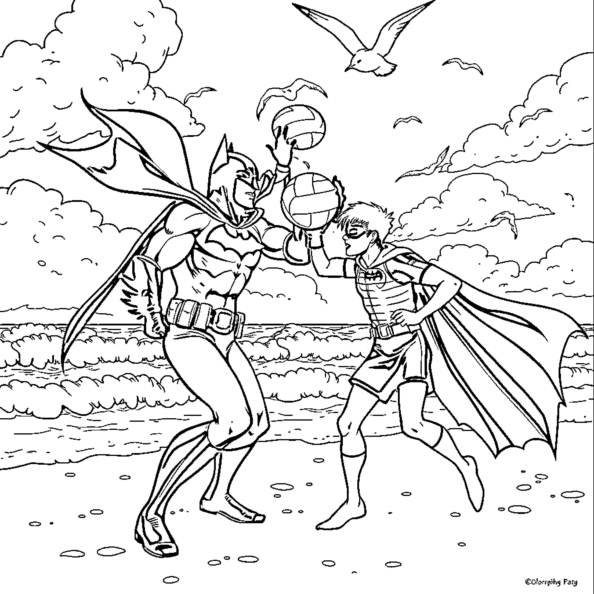 Batman and Sidekick Engaged in Action on Beach Coloring Page (free black-and-white line drawing printable PDF for all, from beginners to advanced learners, including children, teens, adults, and seniors)