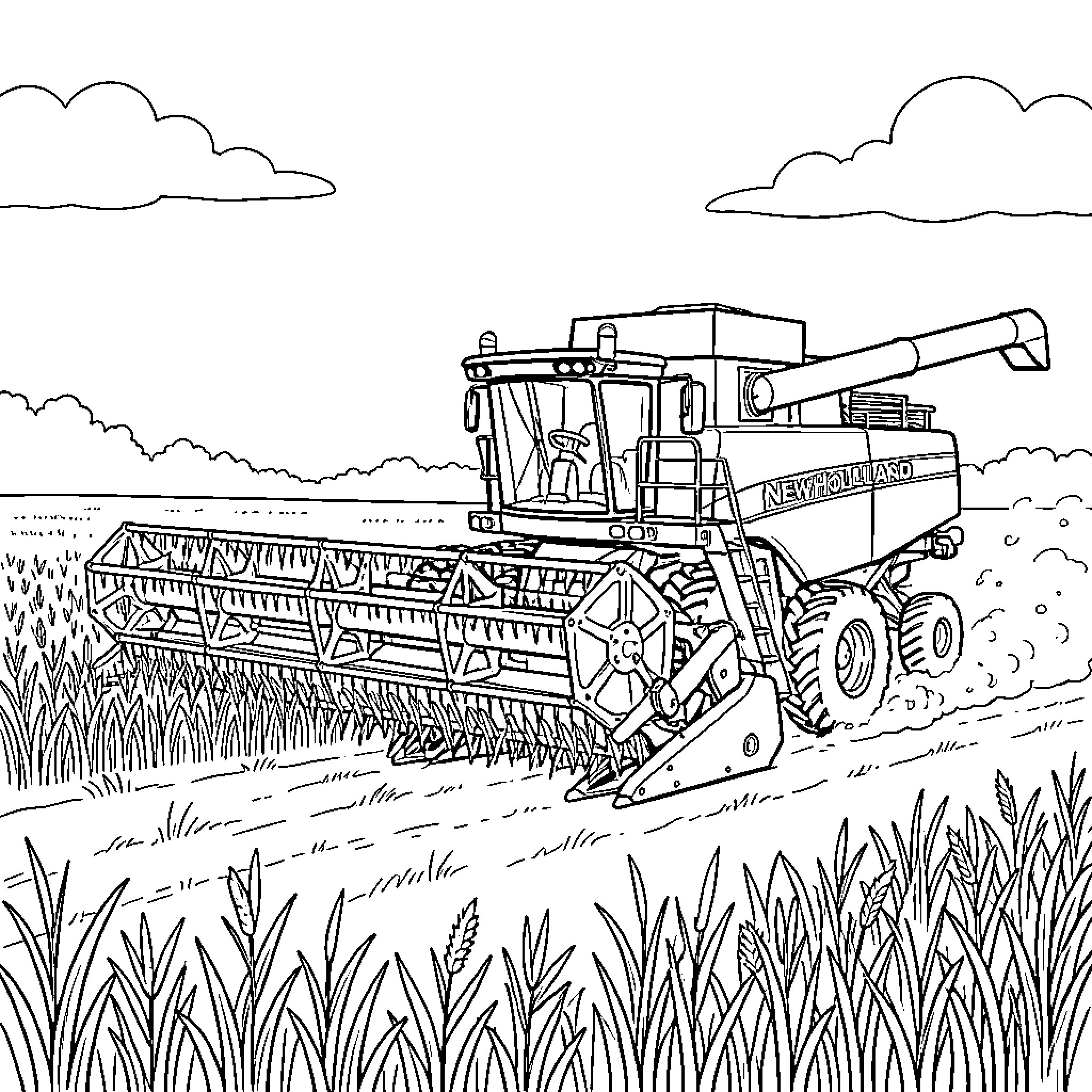 Harvesting Machine working in a field of grain Coloring Page (free black-and-white line drawing printable PDF for all, from beginners to advanced learners, including children, teens, adults, and seniors)