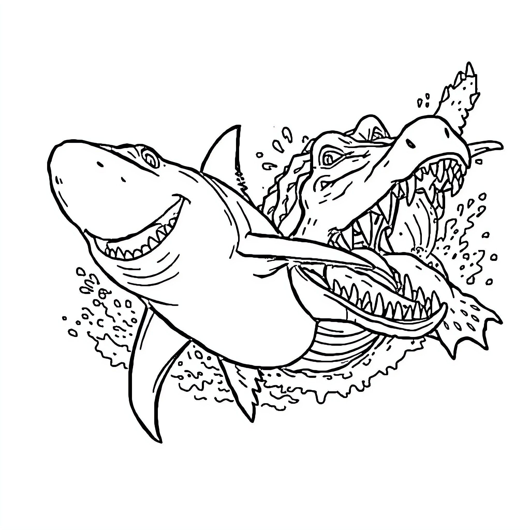 Shark attacking with open jaws Coloring Page (free black-and-white line drawing printable PDF for all, from beginners to advanced learners, including children, teens, adults, and seniors)