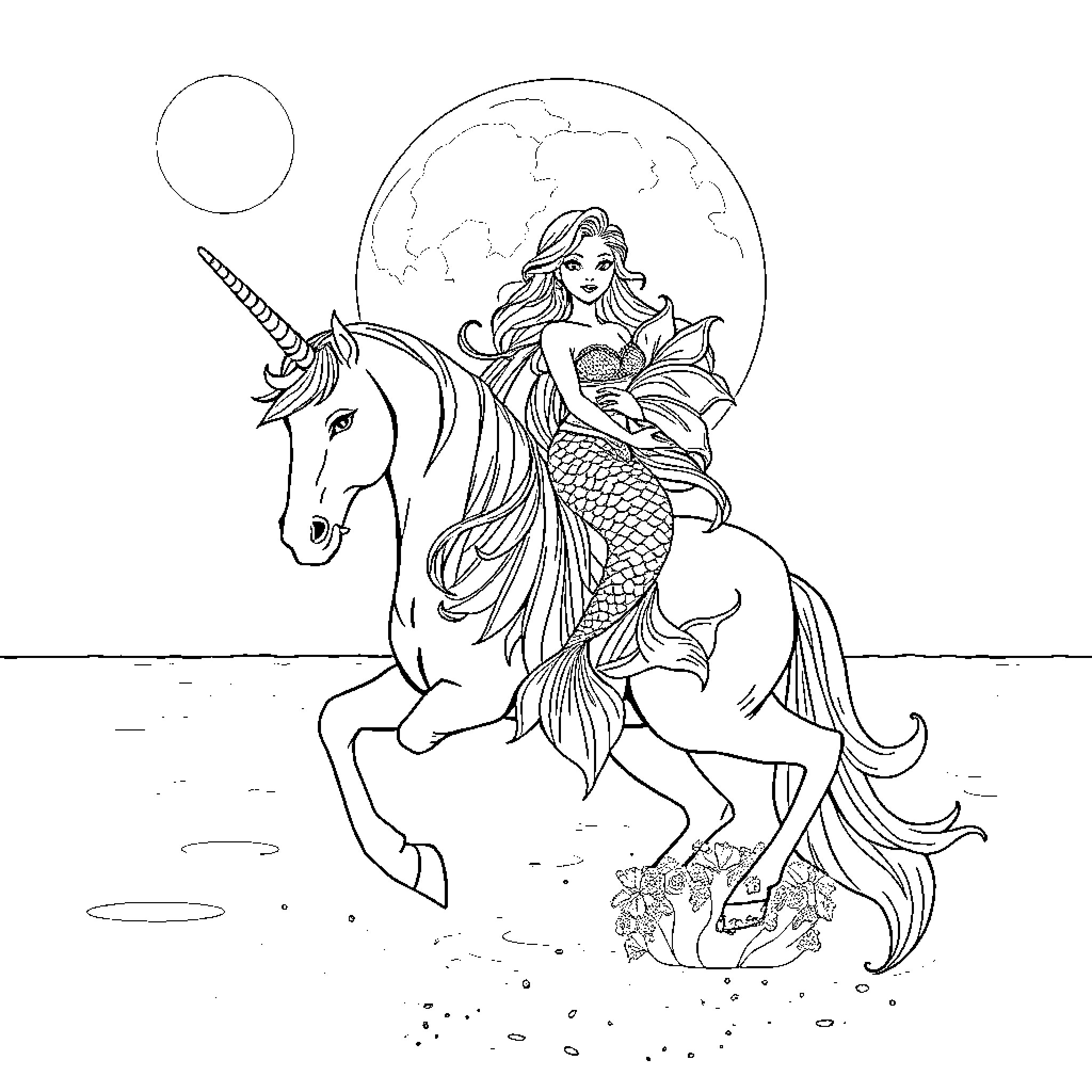 Mermaid riding a unicorn in the moonlight Coloring Page (free black-and-white line drawing printable PDF for all, from beginners to advanced learners, including children, teens, adults, and seniors)
