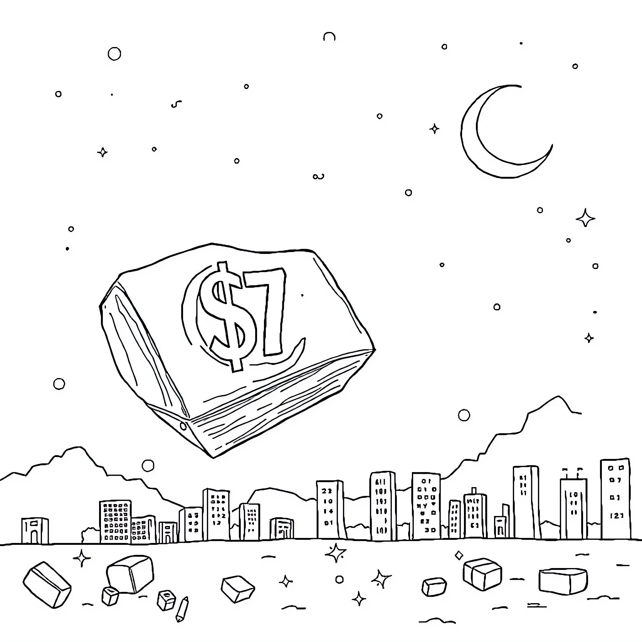 Pakistan's Nighttime Urban Landscape with Dollar Sign Stone Coloring Page (free black-and-white line drawing printable PDF for all, from beginners to advanced learners, including children, teens, adults, and seniors)