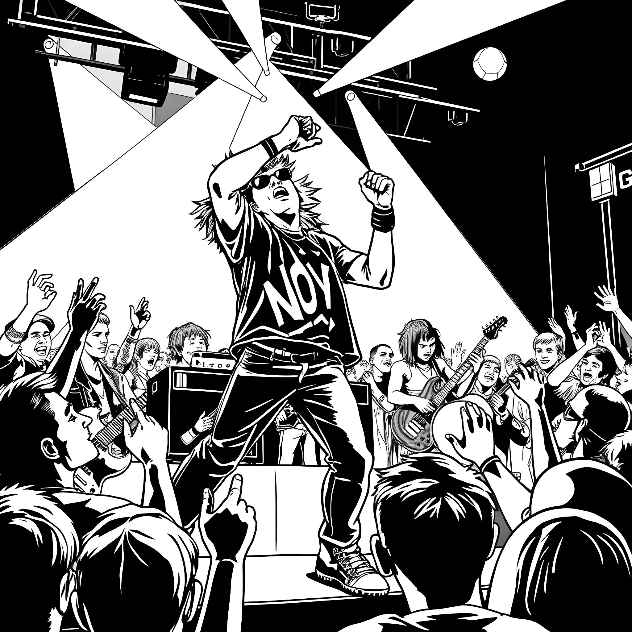NOFX Live Performance with Energetic Crowd Coloring Page (free black-and-white line drawing printable PDF for all, from beginners to advanced learners, including children, teens, adults, and seniors)