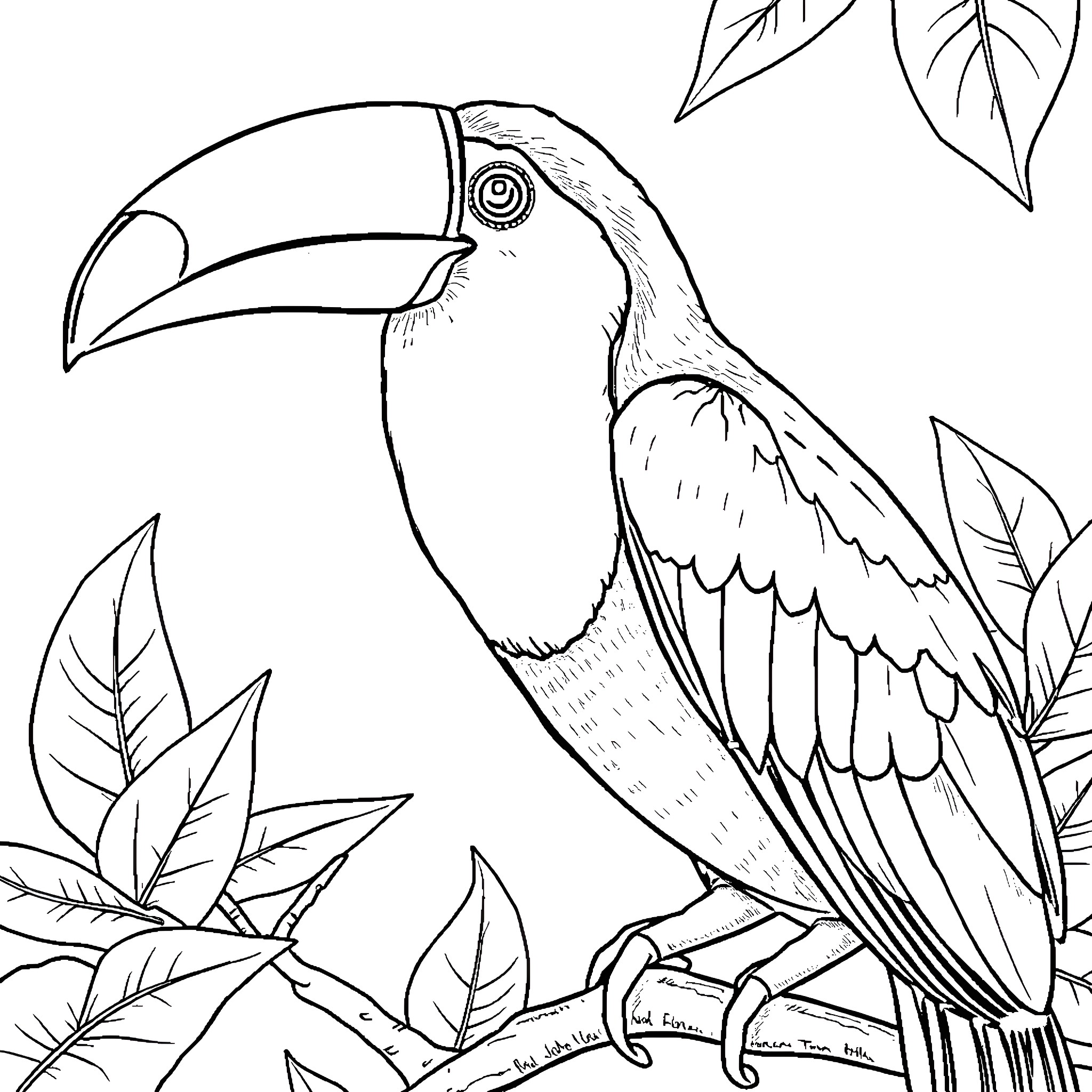 Toucan perching amid lush tropical foliage Coloring Page (free black-and-white line drawing printable PDF for all, from beginners to advanced learners, including children, teens, adults, and seniors)