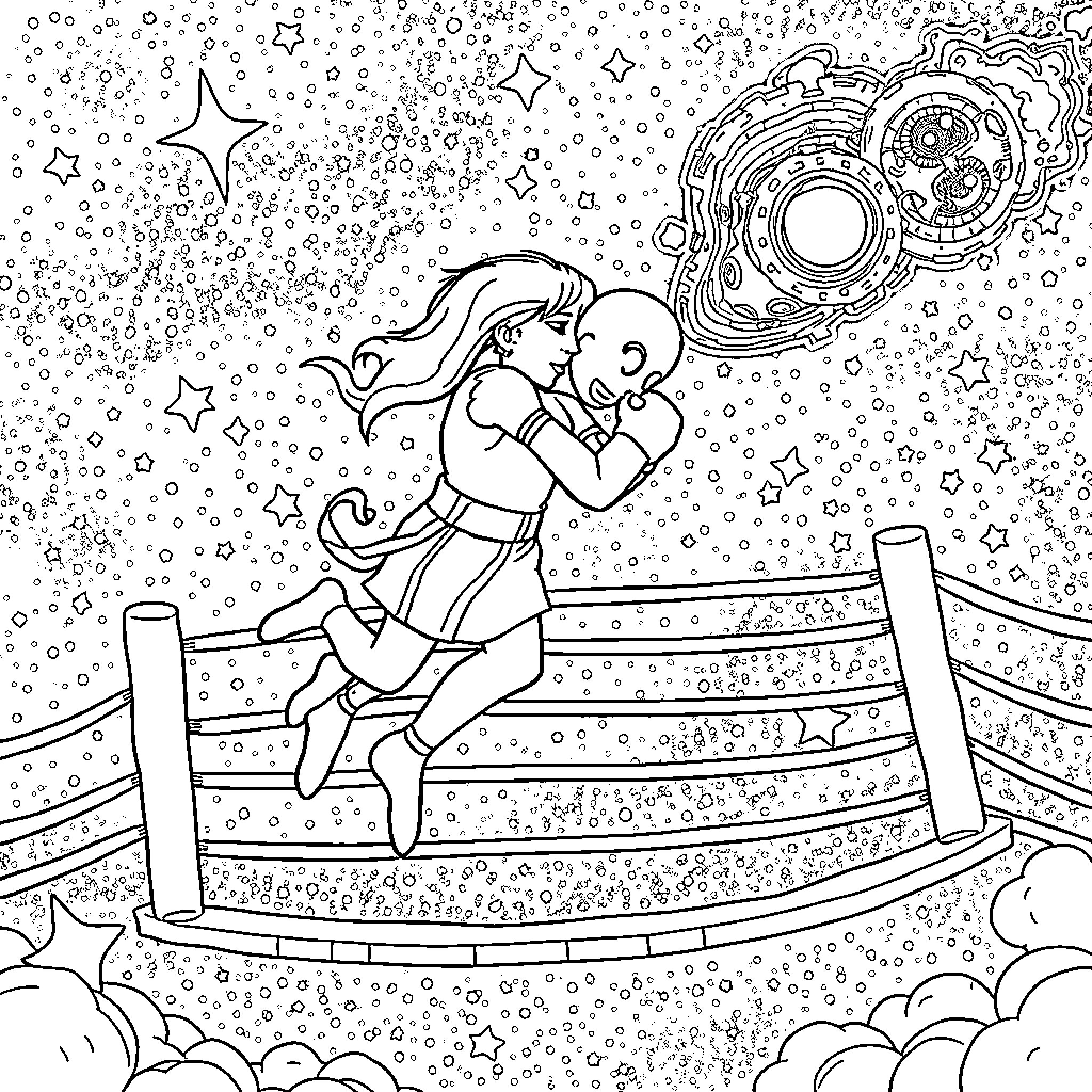 Boxing athletes in cosmic ring under starry sky Coloring Page (free black-and-white line drawing printable PDF for all, from beginners to advanced learners, including children, teens, adults, and seniors)
