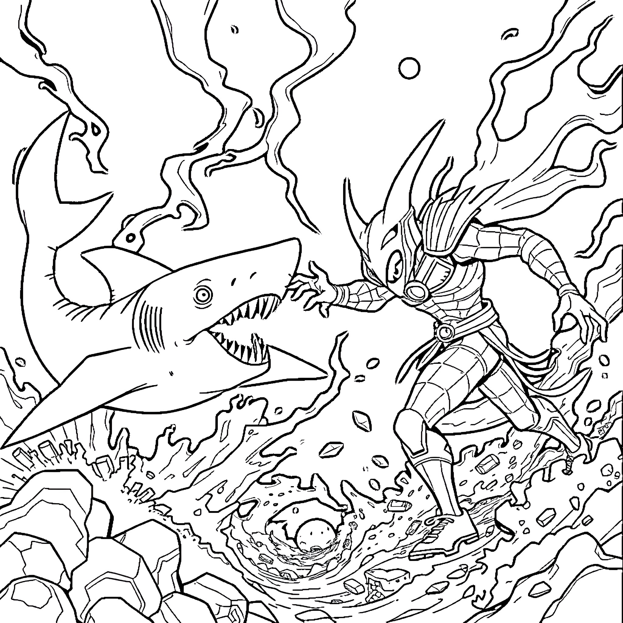 Shark vs. Armored Warrior in Underwater Battle Coloring Page (free black-and-white line drawing printable PDF for all, from beginners to advanced learners, including children, teens, adults, and seniors)