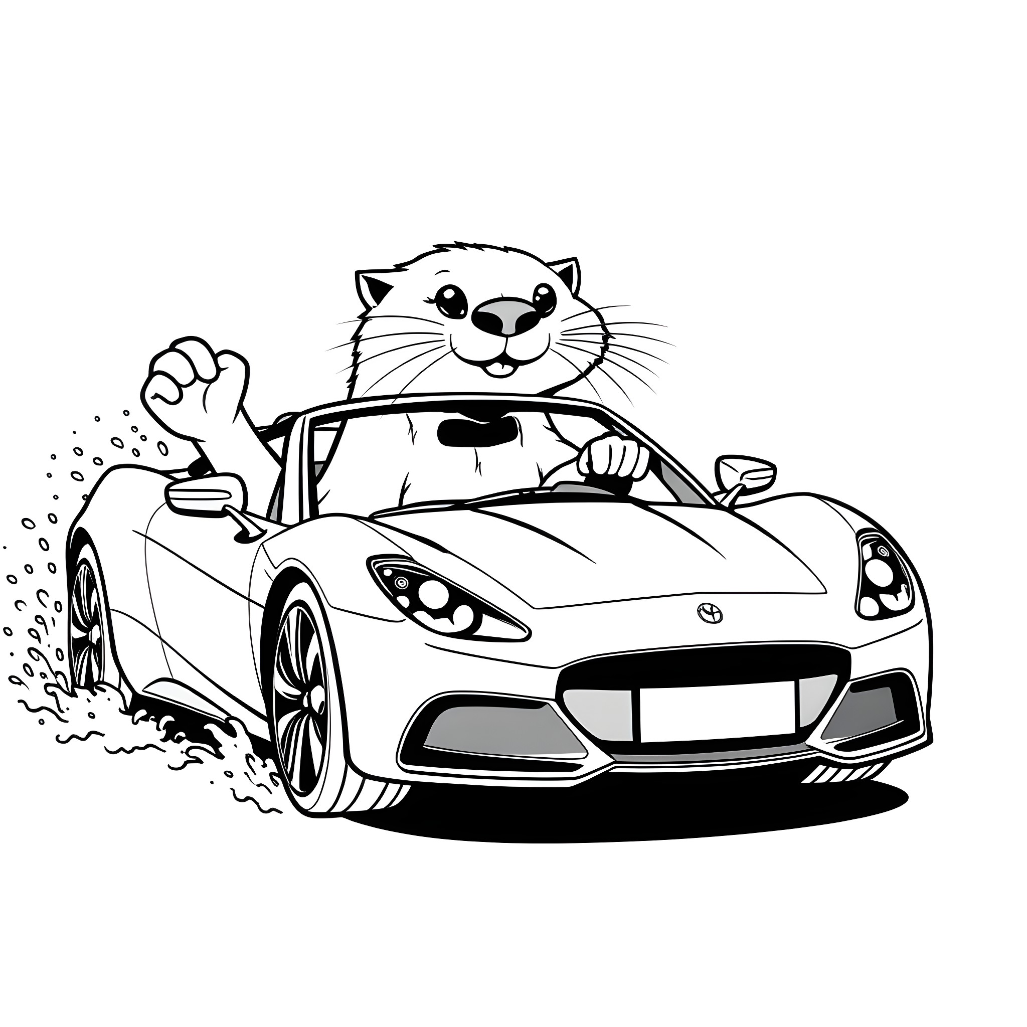 Otter driving a sports car with excitement Coloring Page (free black-and-white line drawing printable PDF for all, from beginners to advanced learners, including children, teens, adults, and seniors)