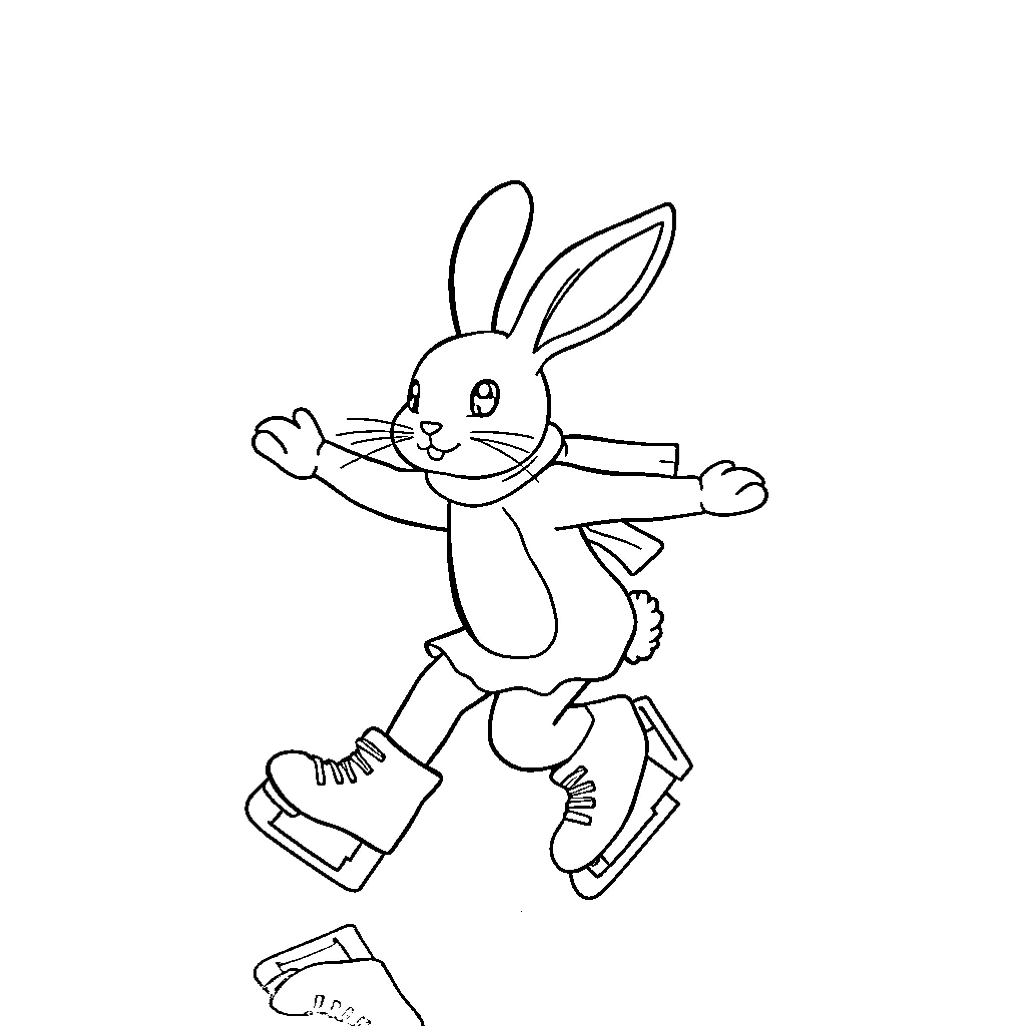 Bunny running excitedly in shoes Coloring Page (free black-and-white line drawing printable PDF for all, from beginners to advanced learners, including children, teens, adults, and seniors)