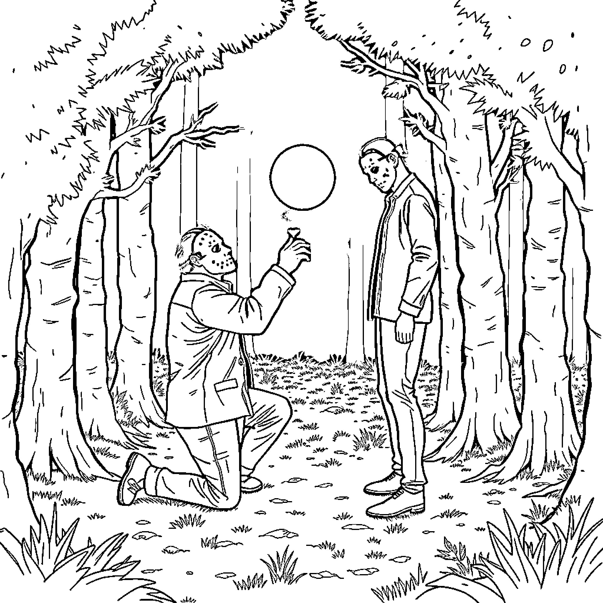 Jason Voorhees Confronted in the Eerie Forest Coloring Page (free black-and-white line drawing printable PDF for all, from beginners to advanced learners, including children, teens, adults, and seniors)