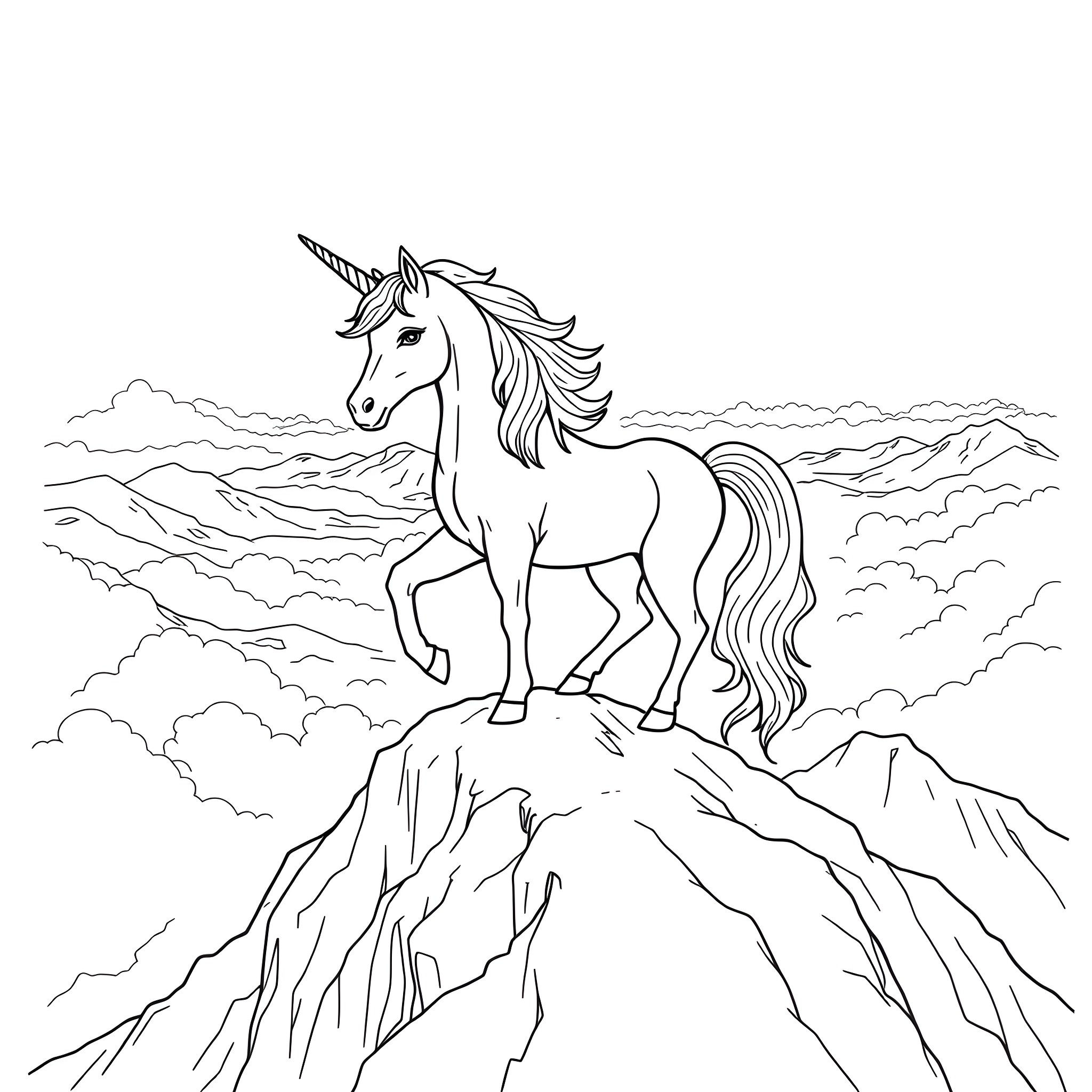 Unicorn standing majestically on a mountaintop Coloring Page (free black-and-white line drawing printable PDF for all, from beginners to advanced learners, including children, teens, adults, and seniors)