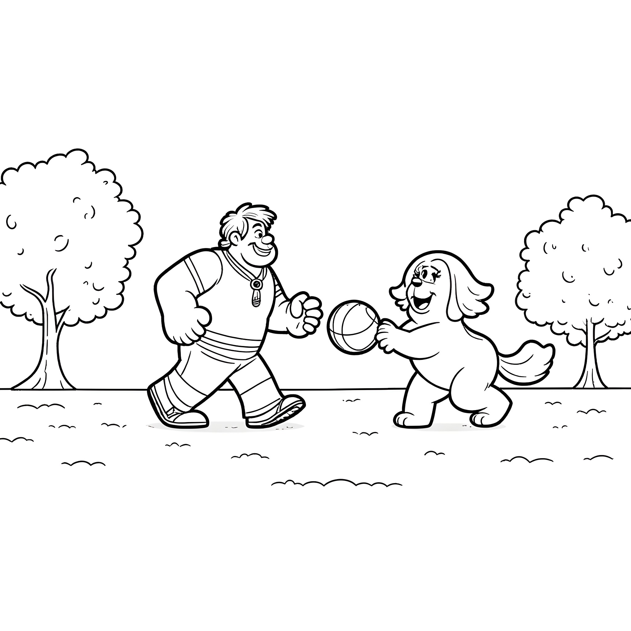 Wreck it Ralph playing with dog in the park Coloring Page (free black-and-white line drawing printable PDF for all, from beginners to advanced learners, including children, teens, adults, and seniors)