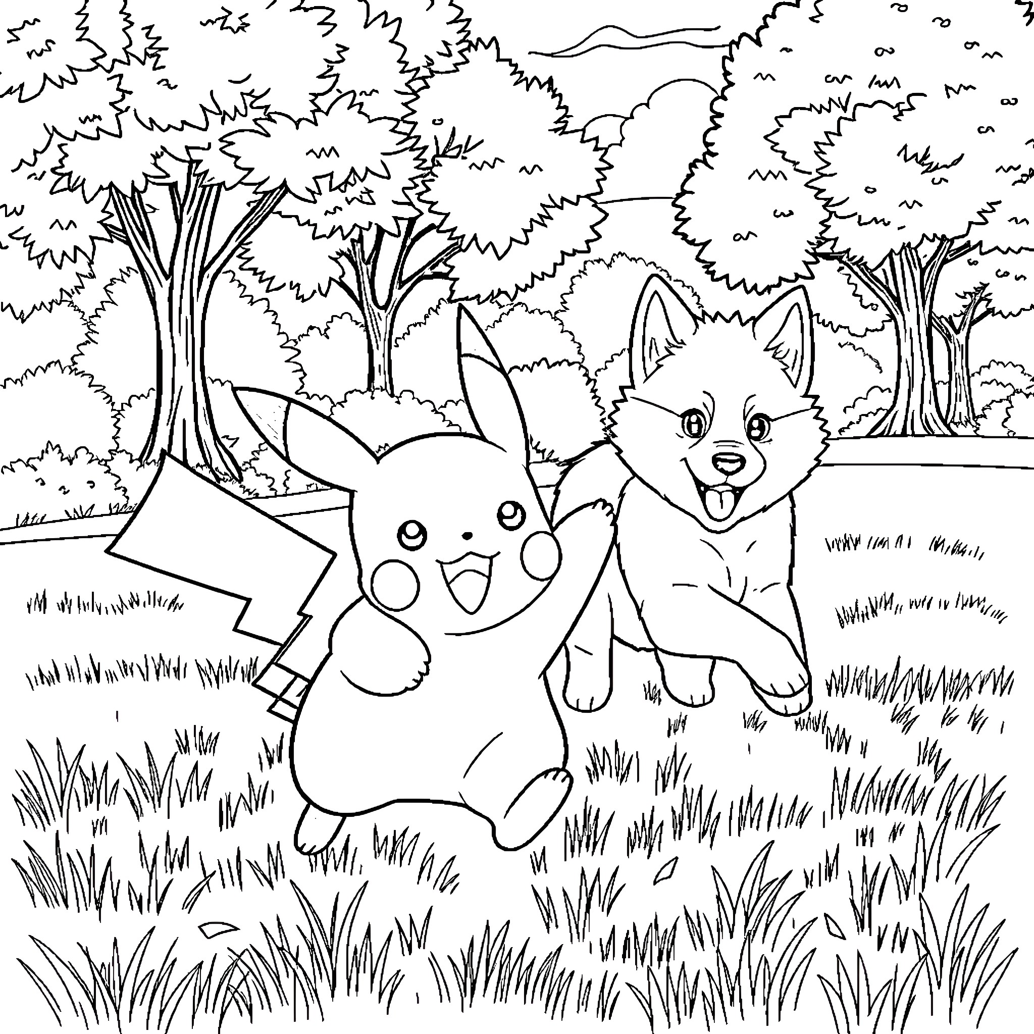 Pikachu and Eevee playing together in the forest Coloring Page (free black-and-white line drawing printable PDF for all, from beginners to advanced learners, including children, teens, adults, and seniors)