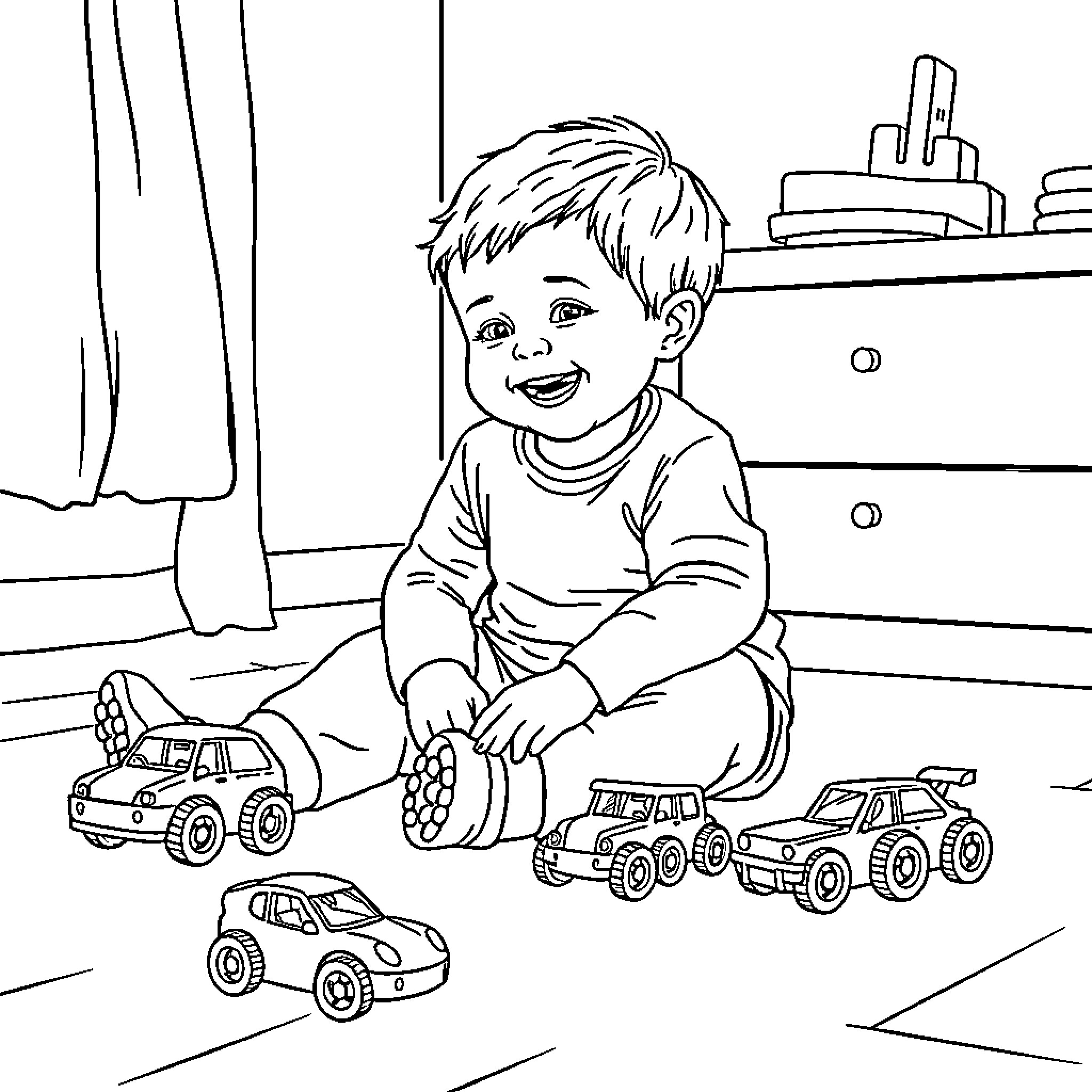 Child playing with toy cars in room Coloring Page (free black-and-white line drawing printable PDF for all, from beginners to advanced learners, including children, teens, adults, and seniors)