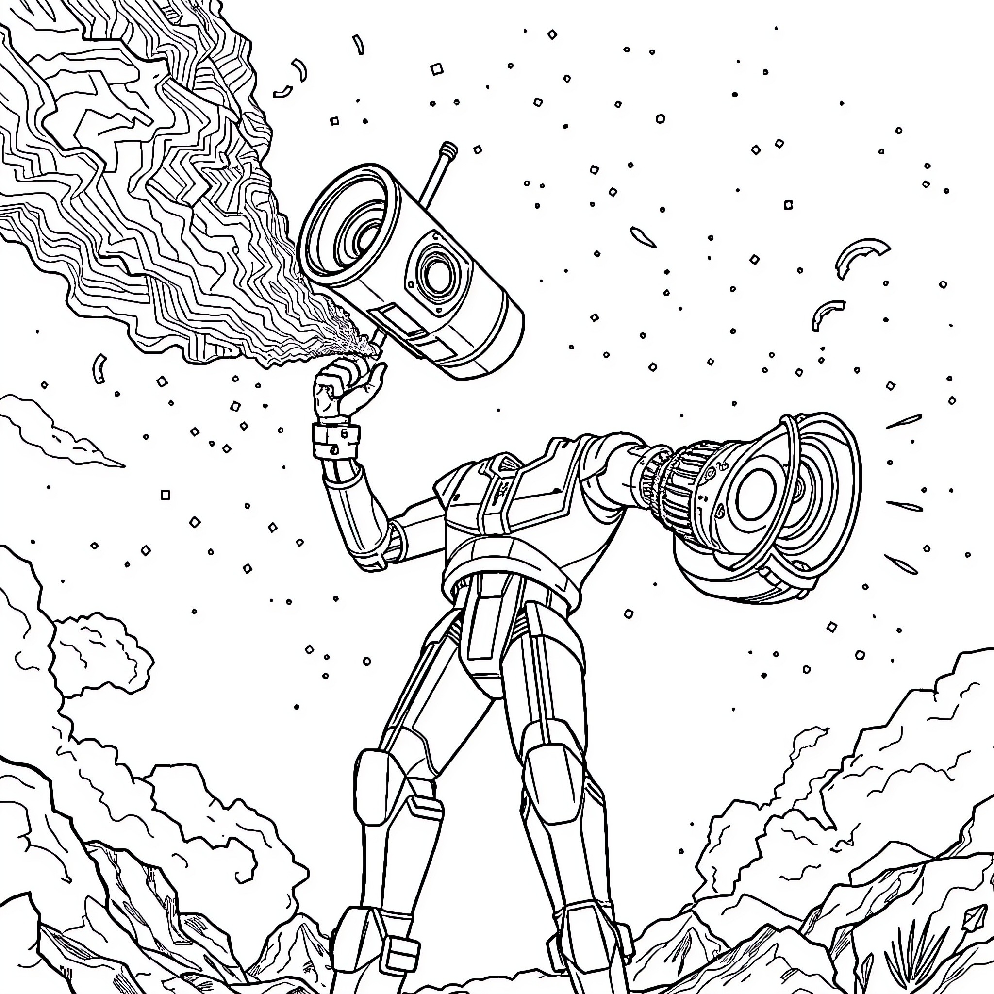 Titan exploring the vast cosmos with his futuristic gear Coloring Page (free black-and-white line drawing printable PDF for all, from beginners to advanced learners, including children, teens, adults, and seniors)