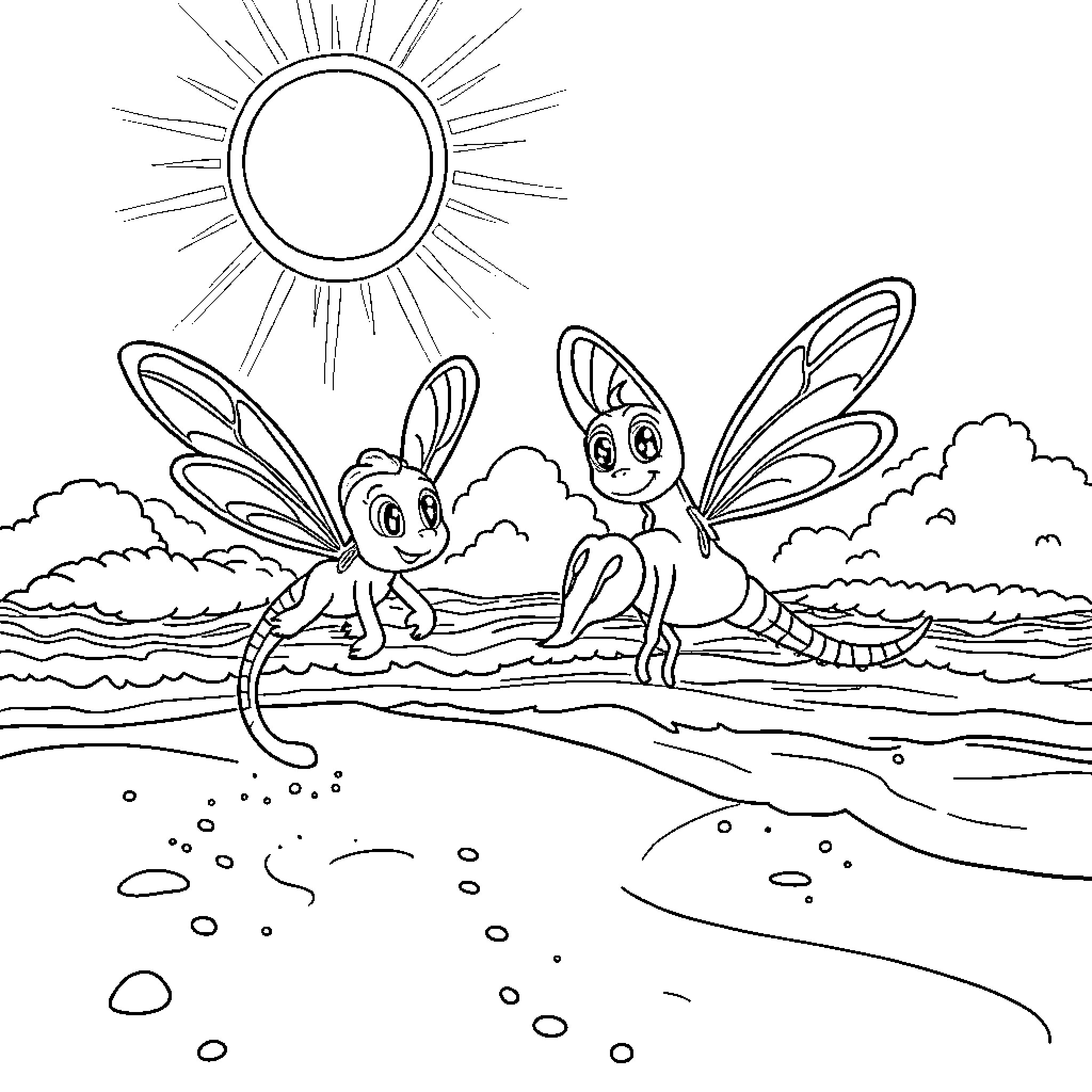 Bluey bugs playing in the sun Coloring Page (free black-and-white line drawing printable PDF for all, from beginners to advanced learners, including children, teens, adults, and seniors)