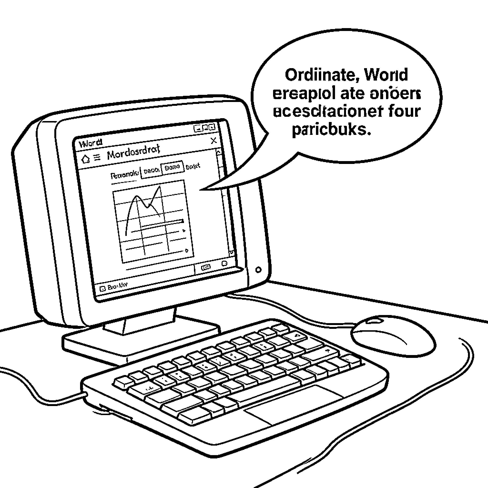 PC user analyzing data and spreadsheets on desktop computer Coloring Page (free black-and-white line drawing printable PDF for all, from beginners to advanced learners, including children, teens, adults, and seniors)