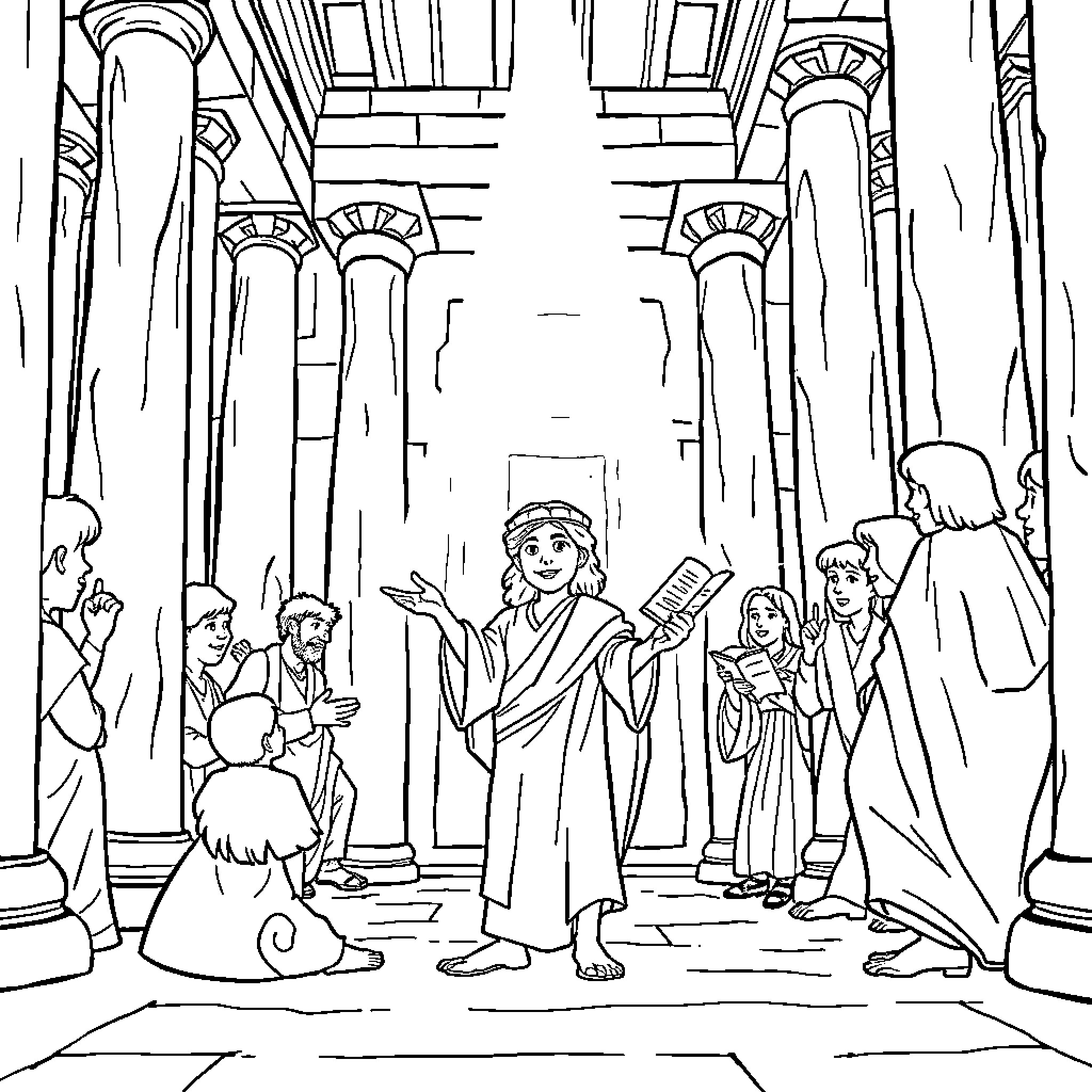 Jesus Teaching in the Temple Coloring Page (free black-and-white line drawing printable PDF for all, from beginners to advanced learners, including children, teens, adults, and seniors)