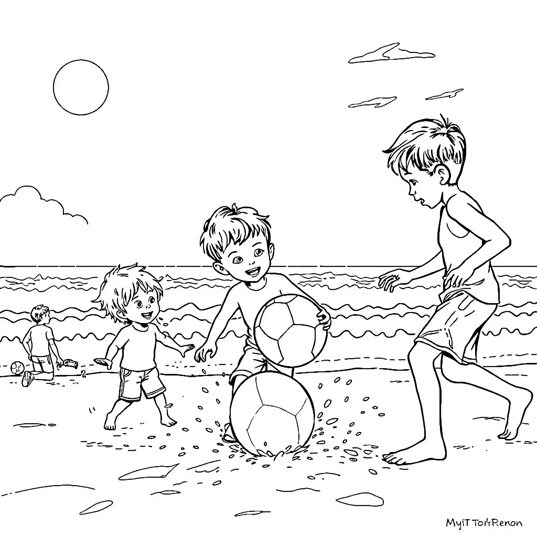 Children playing with beach balls at the seaside Coloring Page (free black-and-white line drawing printable PDF for all, from beginners to advanced learners, including children, teens, adults, and seniors)