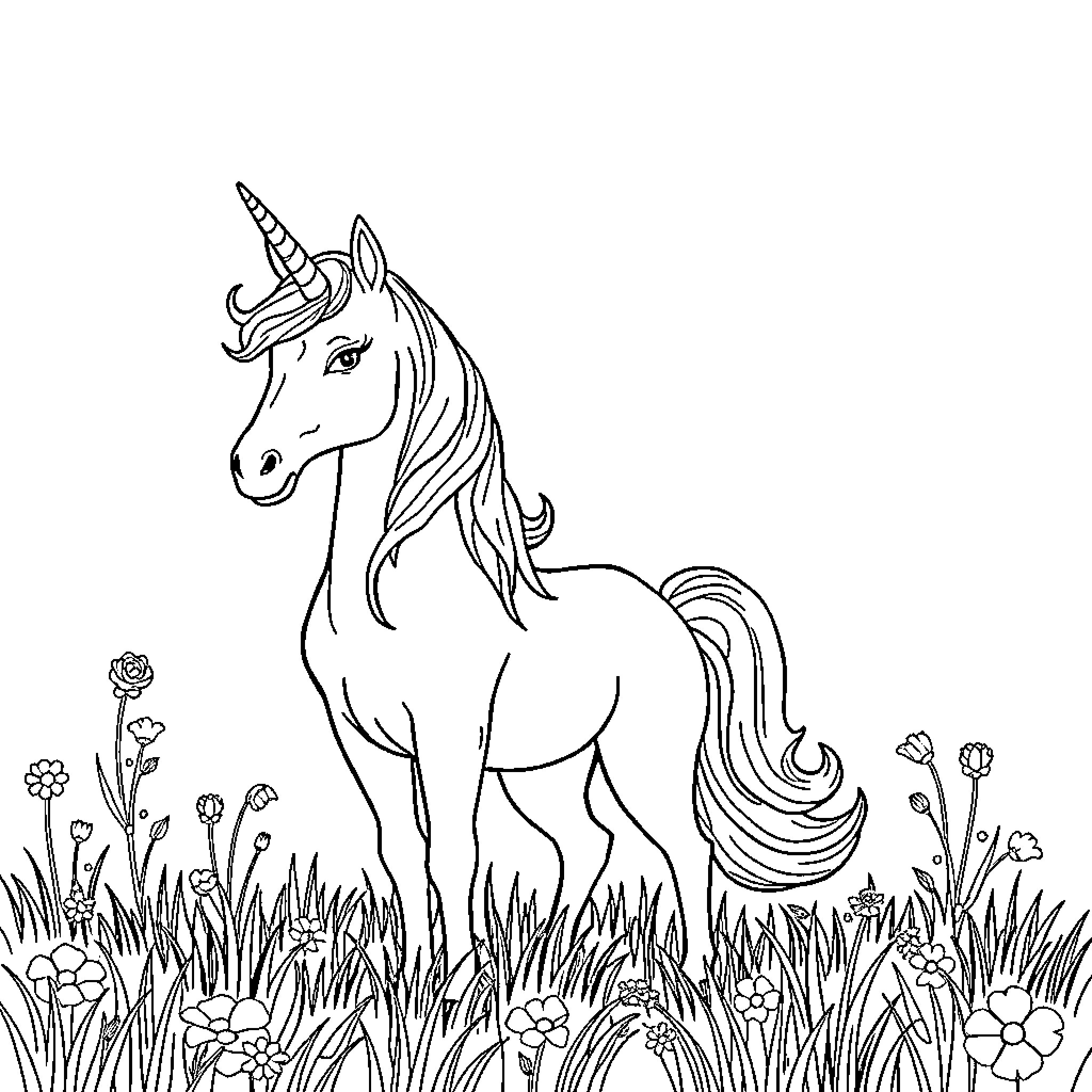 Unicorn standing in a magical meadow Coloring Page (free black-and-white line drawing printable PDF for all, from beginners to advanced learners, including children, teens, adults, and seniors)