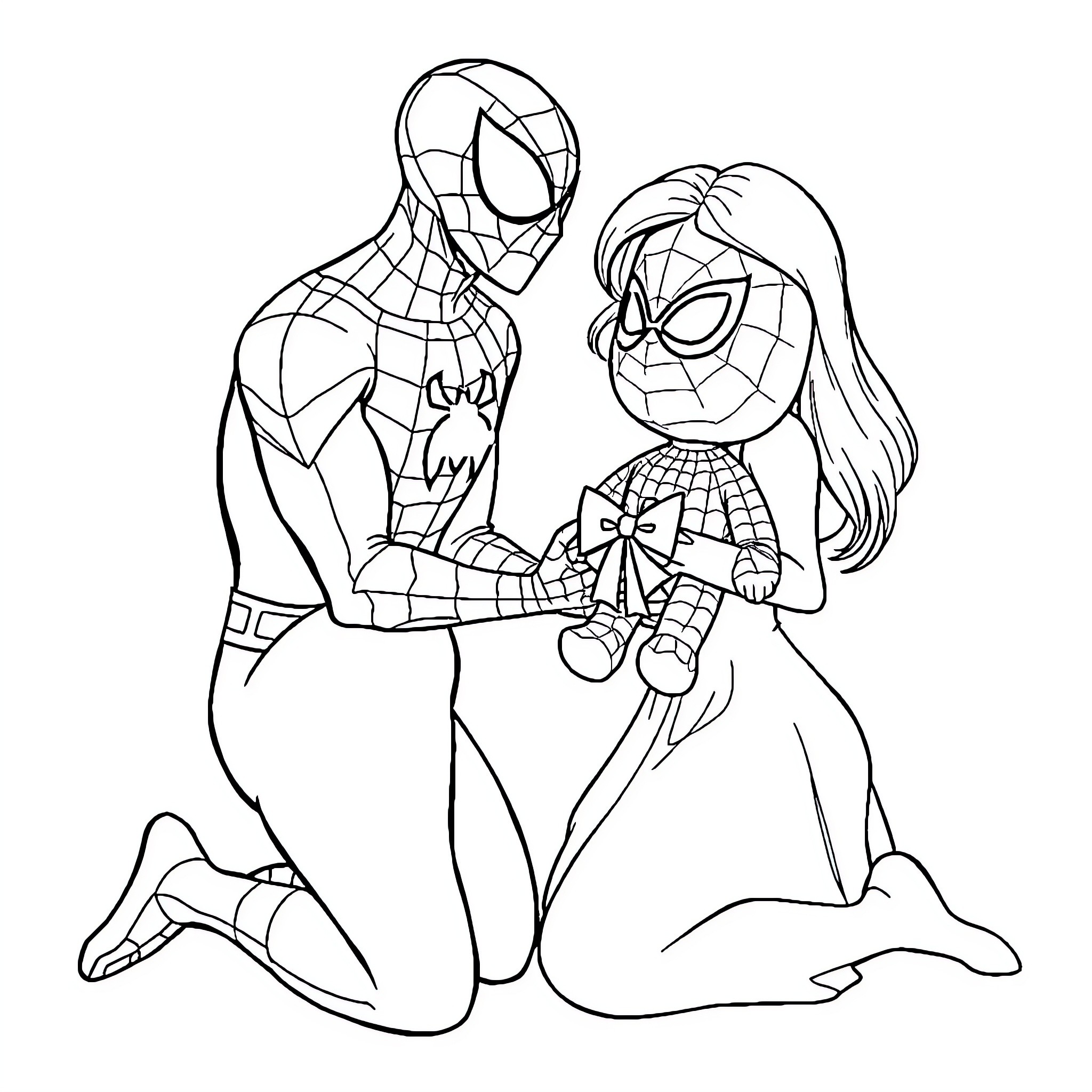 Spiderman and a girl in heroic poses Coloring Page (free black-and-white line drawing printable PDF for all, from beginners to advanced learners, including children, teens, adults, and seniors)