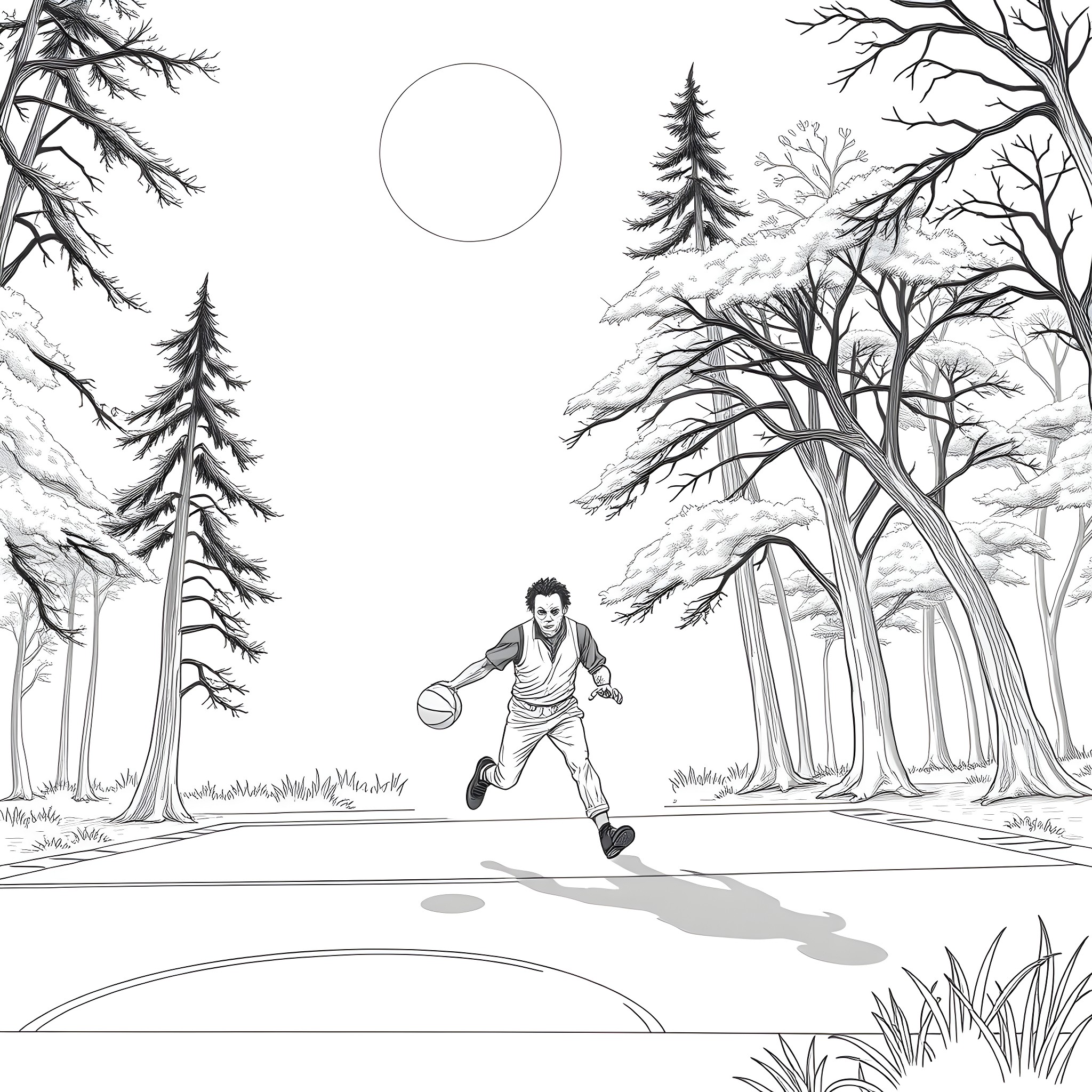Michael Myers stalking through a snowy forest Coloring Page (free black-and-white line drawing printable PDF for all, from beginners to advanced learners, including children, teens, adults, and seniors)