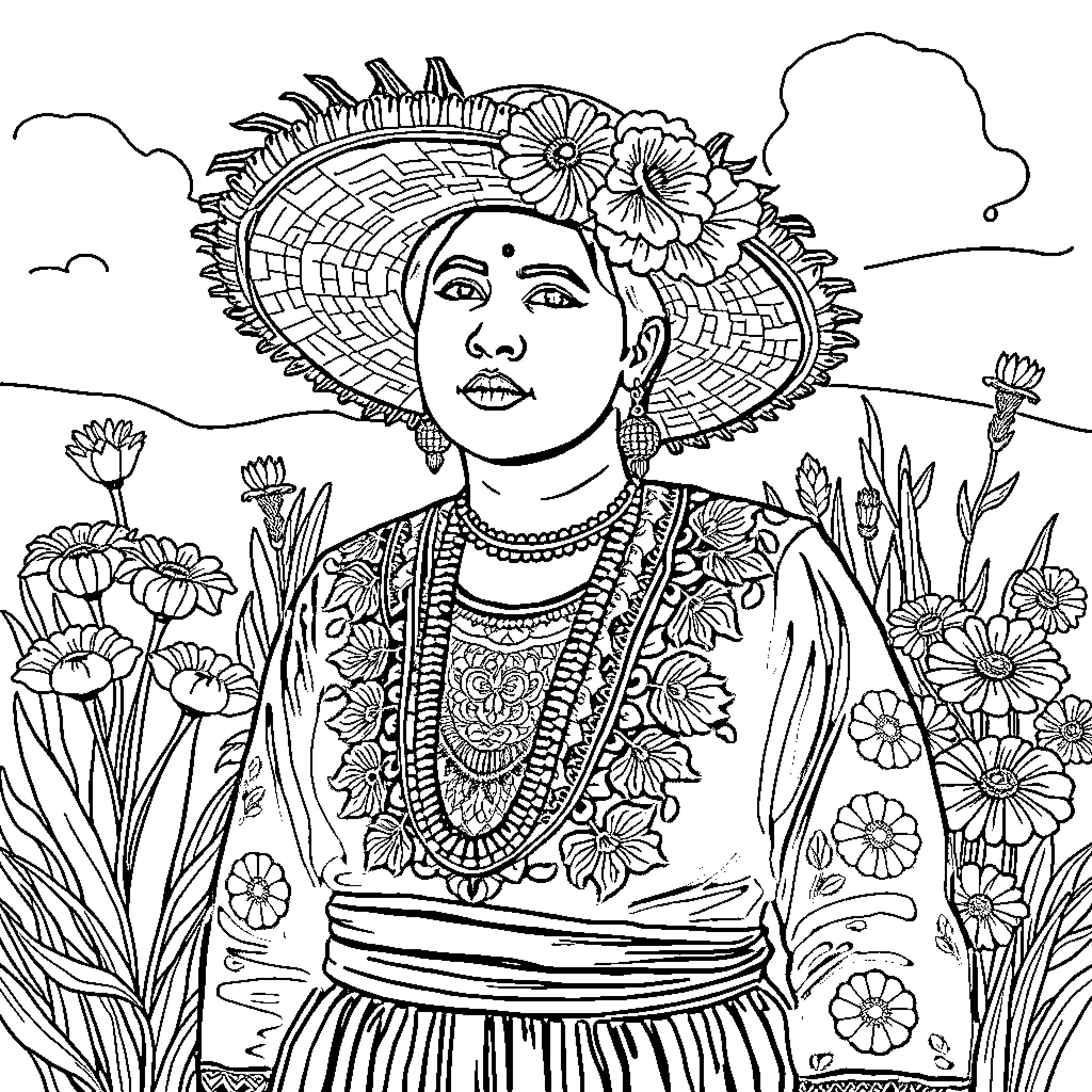 Traditional Dress of Ornate Flowers and Accessories Coloring Page (free black-and-white line drawing printable PDF for all, from beginners to advanced learners, including children, teens, adults, and seniors)