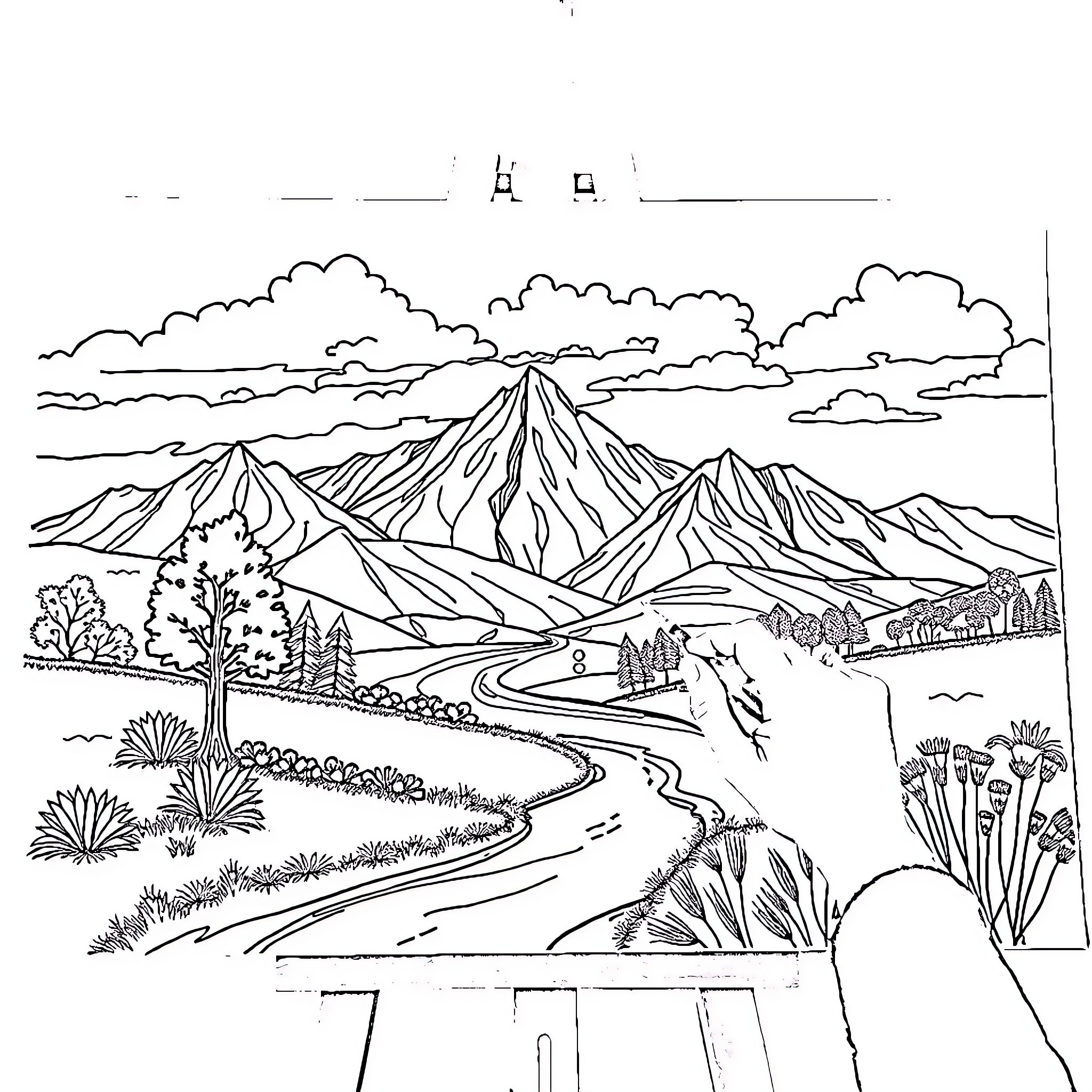 Malachi Barton enjoys the scenic mountain landscape Coloring Page (free black-and-white line drawing printable PDF for all, from beginners to advanced learners, including children, teens, adults, and seniors)