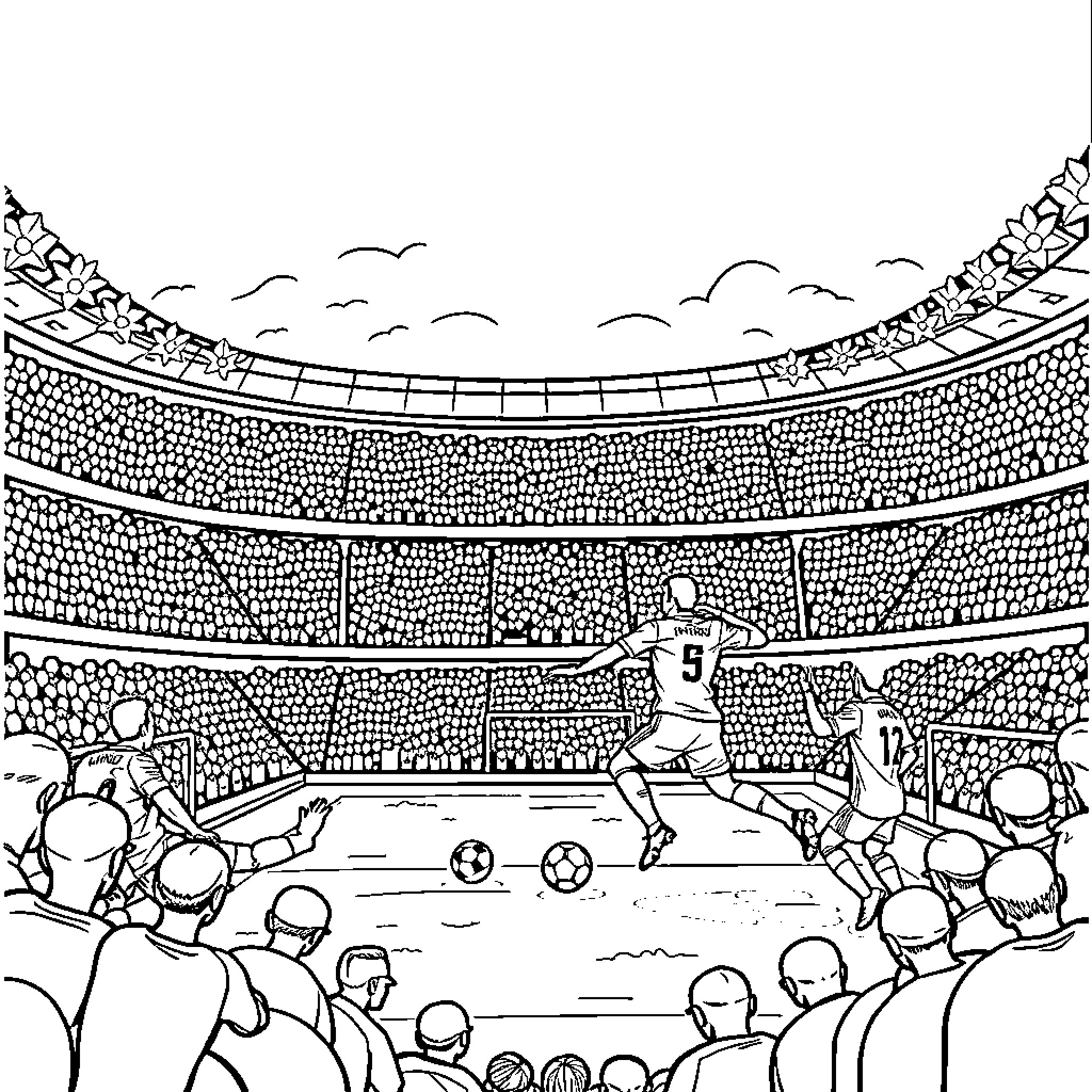 Football players in action at the stadium Coloring Page (free black-and-white line drawing printable PDF for all, from beginners to advanced learners, including children, teens, adults, and seniors)