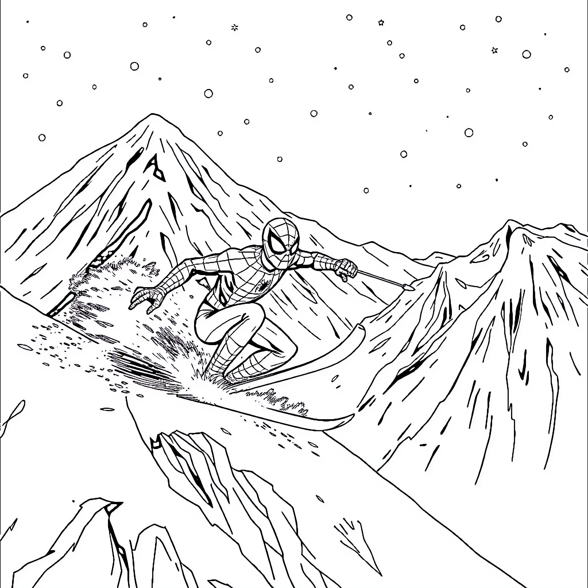 Spiderman Swinging Through Snowy Mountain Landscape Coloring Page (free black-and-white line drawing printable PDF for all, from beginners to advanced learners, including children, teens, adults, and seniors)