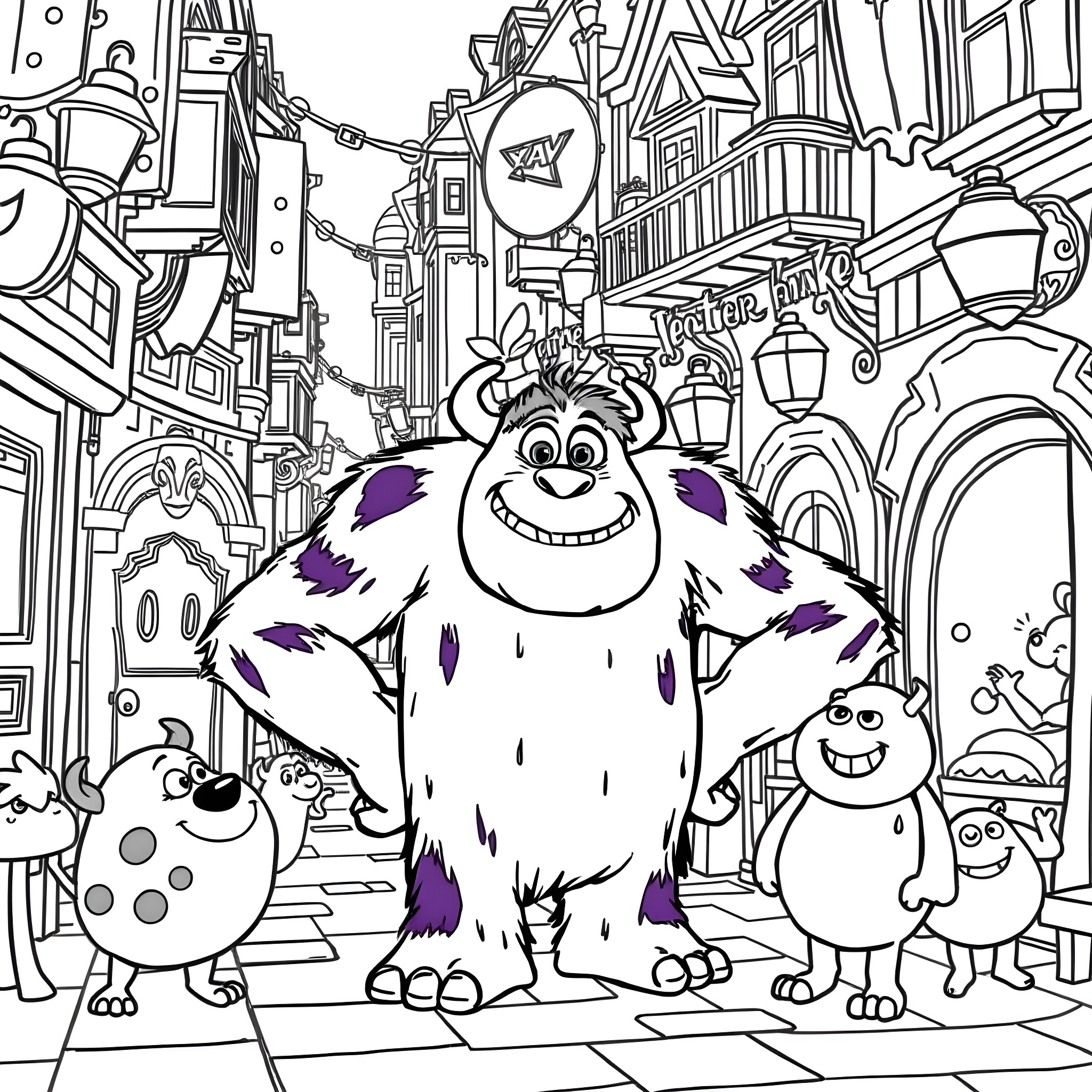 Sulley's Monstrous Adventure in Monstropolis Coloring Page (free black-and-white line drawing printable PDF for all, from beginners to advanced learners, including children, teens, adults, and seniors)