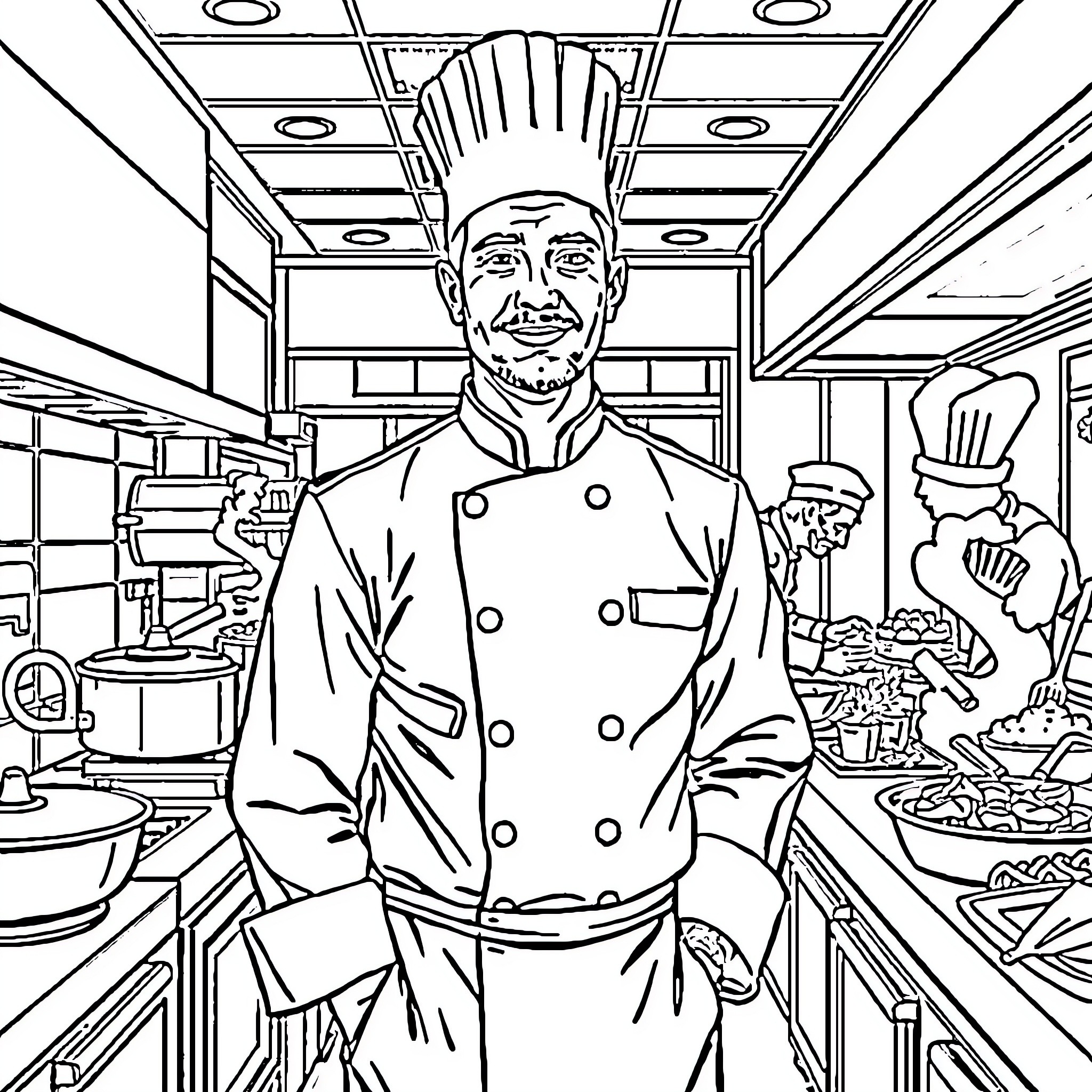 Chef at Work in the Bustling Commercial Kitchen Coloring Page (free black-and-white line drawing printable PDF for all, from beginners to advanced learners, including children, teens, adults, and seniors)