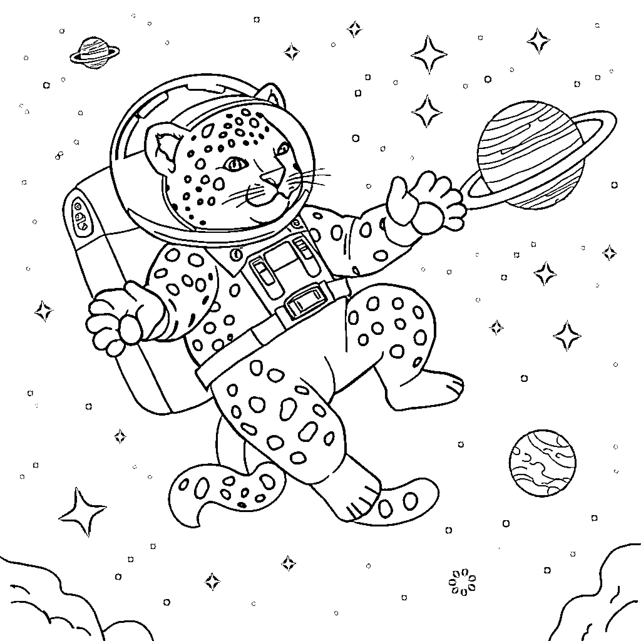 Snow Leopard Astronaut Exploring Outer Space Coloring Page (free black-and-white line drawing printable PDF for all, from beginners to advanced learners, including children, teens, adults, and seniors)