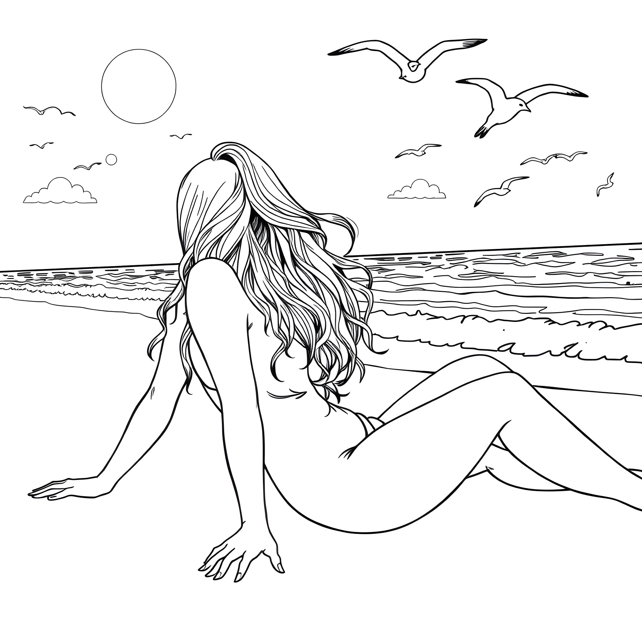 Woman sitting peacefully on the beach Coloring Page (free black-and-white line drawing printable PDF for all, from beginners to advanced learners, including children, teens, adults, and seniors)