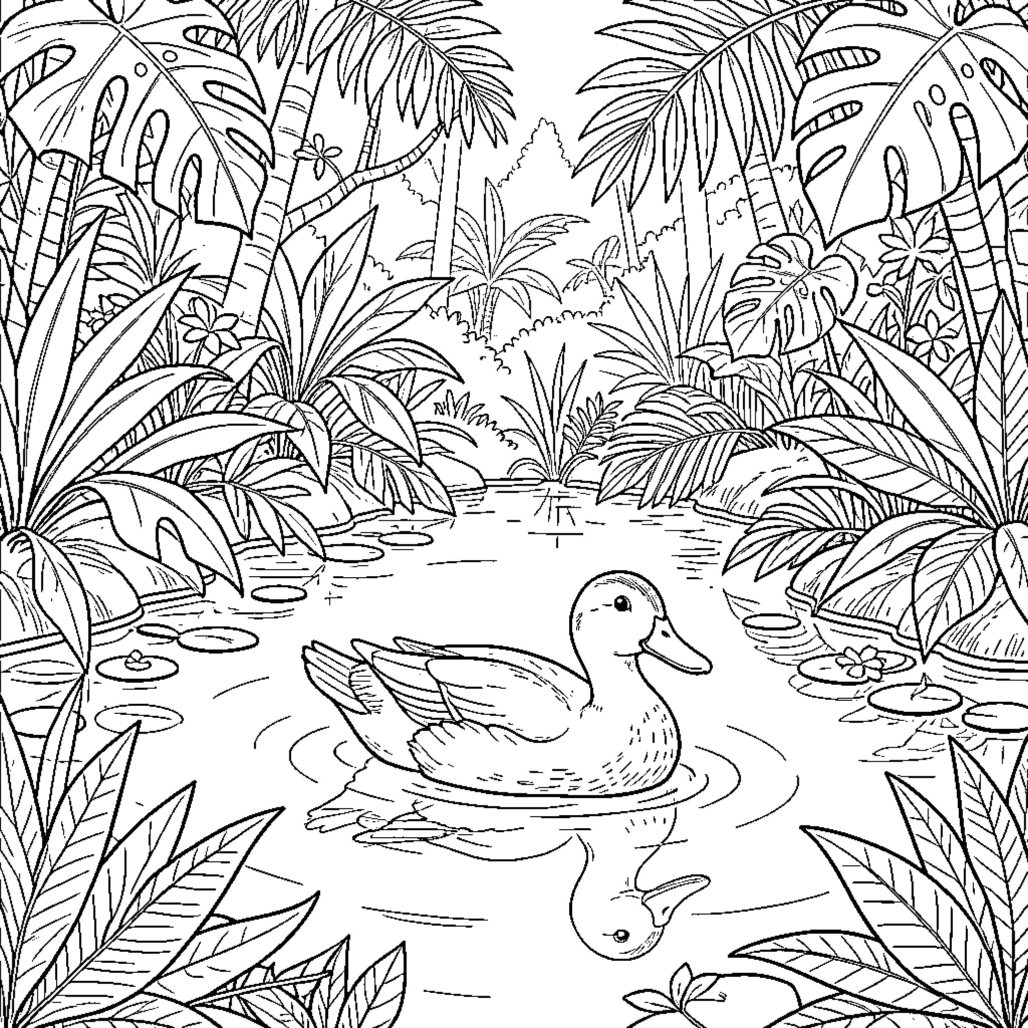 Duck swimming peacefully in the tropical forest pond Coloring Page (free black-and-white line drawing printable PDF for all, from beginners to advanced learners, including children, teens, adults, and seniors)
