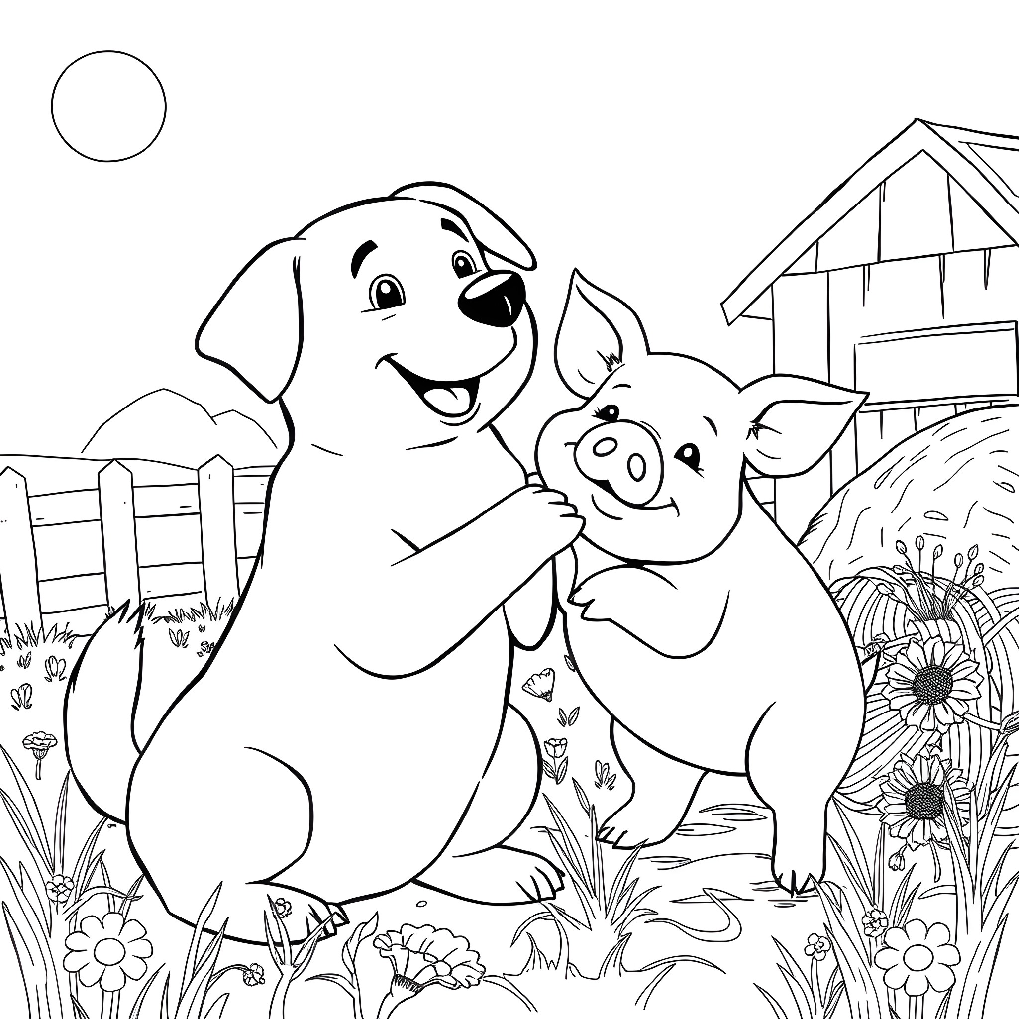 Dog and pig playing together in the farm Coloring Page (free black-and-white line drawing printable PDF for all, from beginners to advanced learners, including children, teens, adults, and seniors)