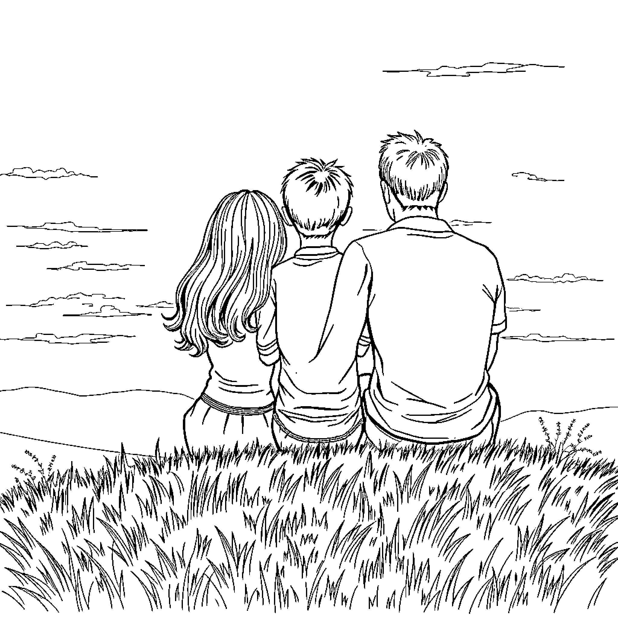 Family enjoying the sunset together Coloring Page (free black-and-white line drawing printable PDF for all, from beginners to advanced learners, including children, teens, adults, and seniors)