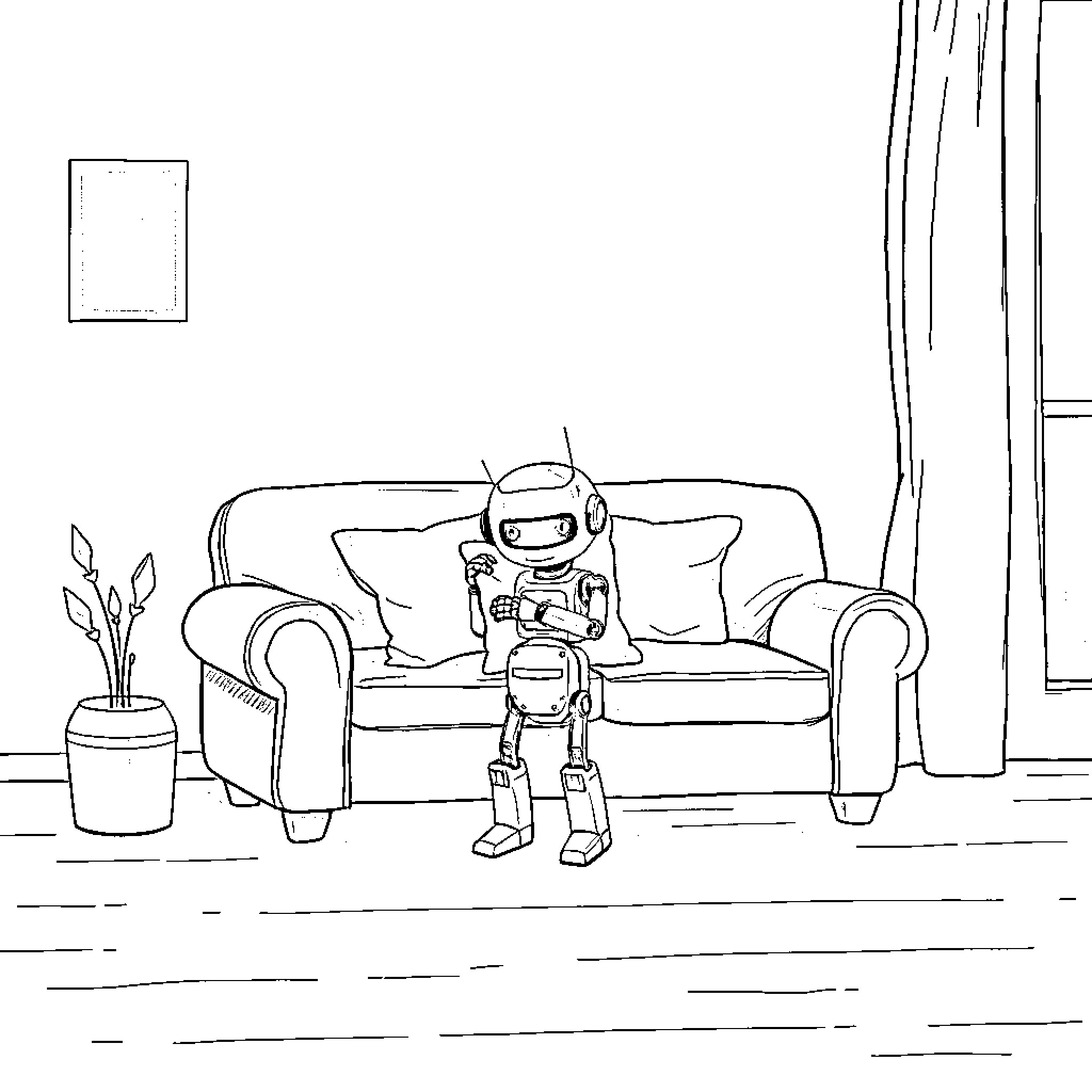 Robot relaxing on a cozy sofa Coloring Page (free black-and-white line drawing printable PDF for all, from beginners to advanced learners, including children, teens, adults, and seniors)