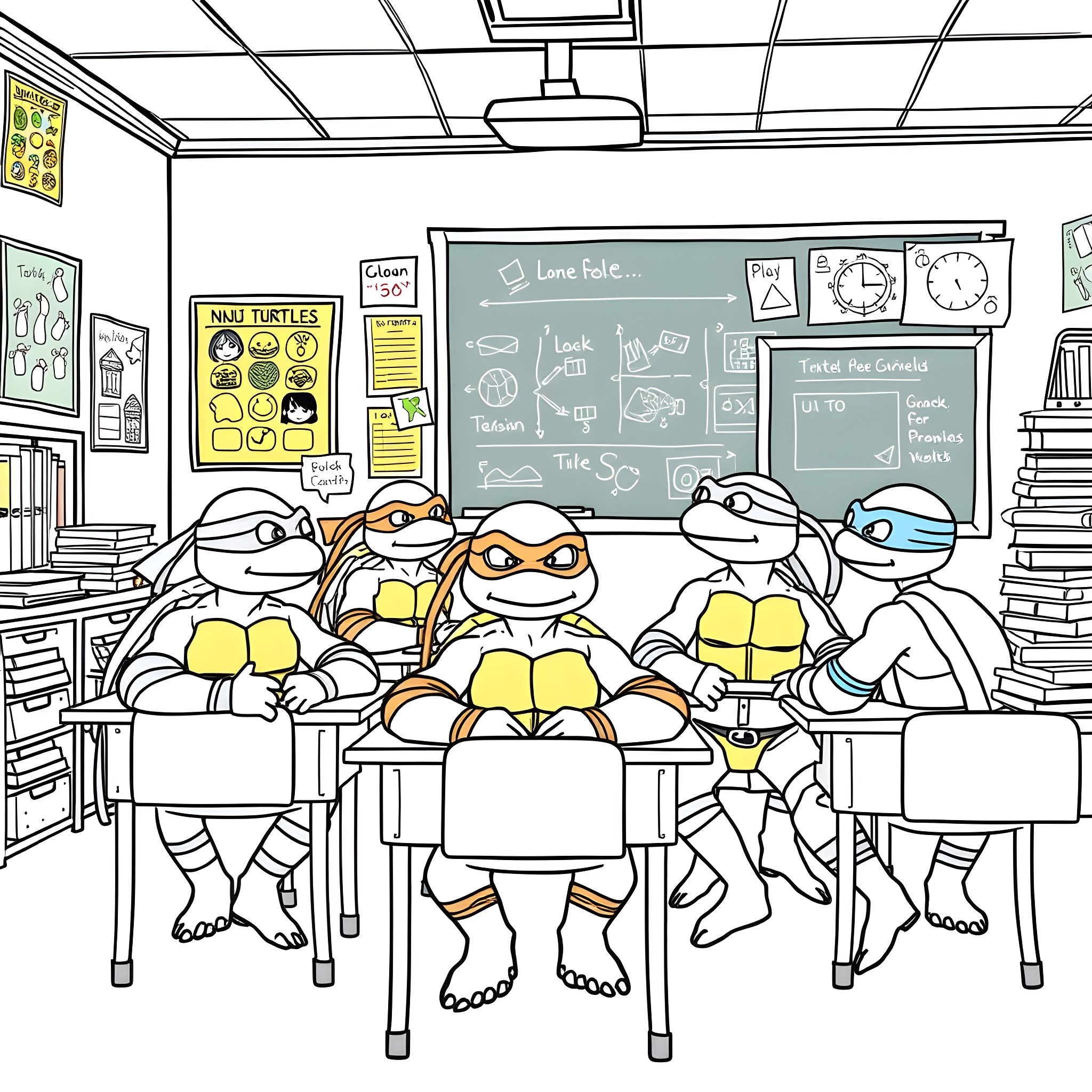 Ninja Turtle students learning in classroom Coloring Page (free black-and-white line drawing printable PDF for all, from beginners to advanced learners, including children, teens, adults, and seniors)