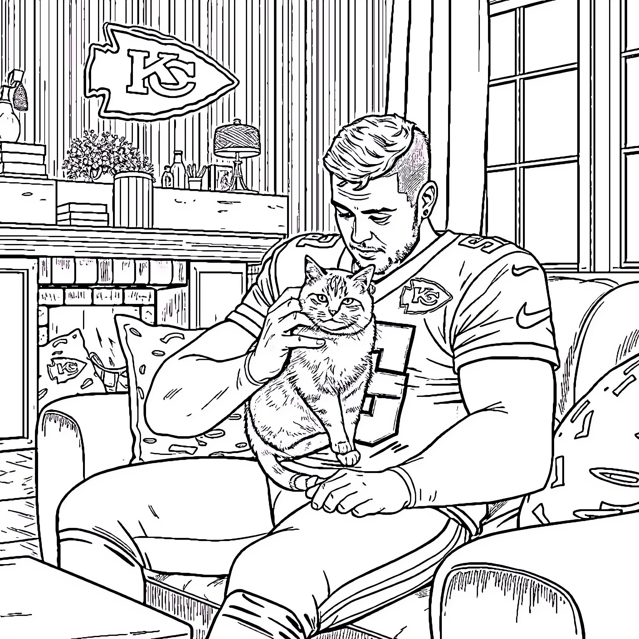 Patrick Mahomes Relaxes with Feline Companion in Home Setting Coloring Page (free black-and-white line drawing printable PDF for all, from beginners to advanced learners, including children, teens, adults, and seniors)