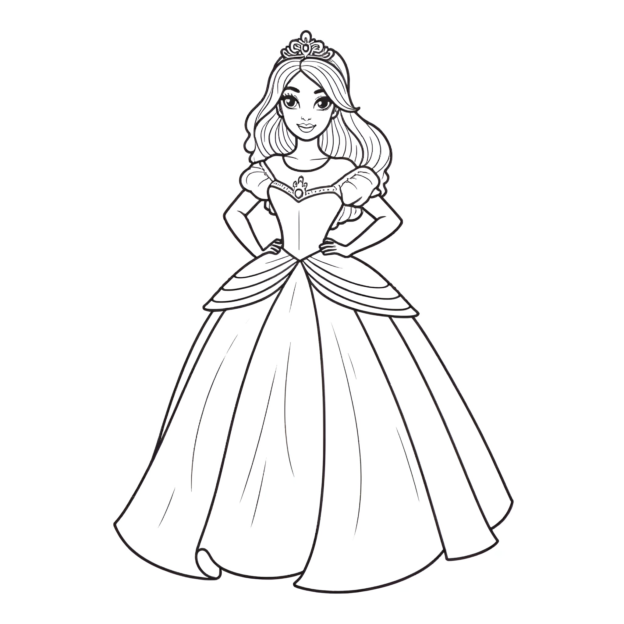Princess in Elegant Ballgown Posing Coloring Page (free black-and-white line drawing printable PDF for all, from beginners to advanced learners, including children, teens, adults, and seniors)