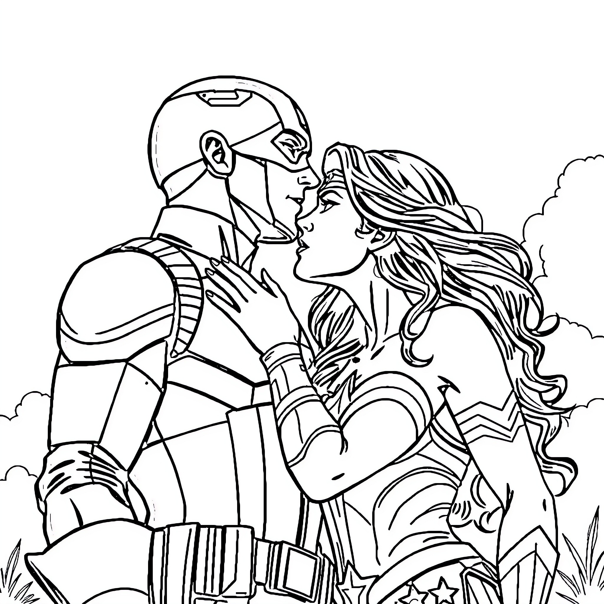 Captain America and Wonder Woman in Heroic Embrace Coloring Page (free black-and-white line drawing printable PDF for all, from beginners to advanced learners, including children, teens, adults, and seniors)