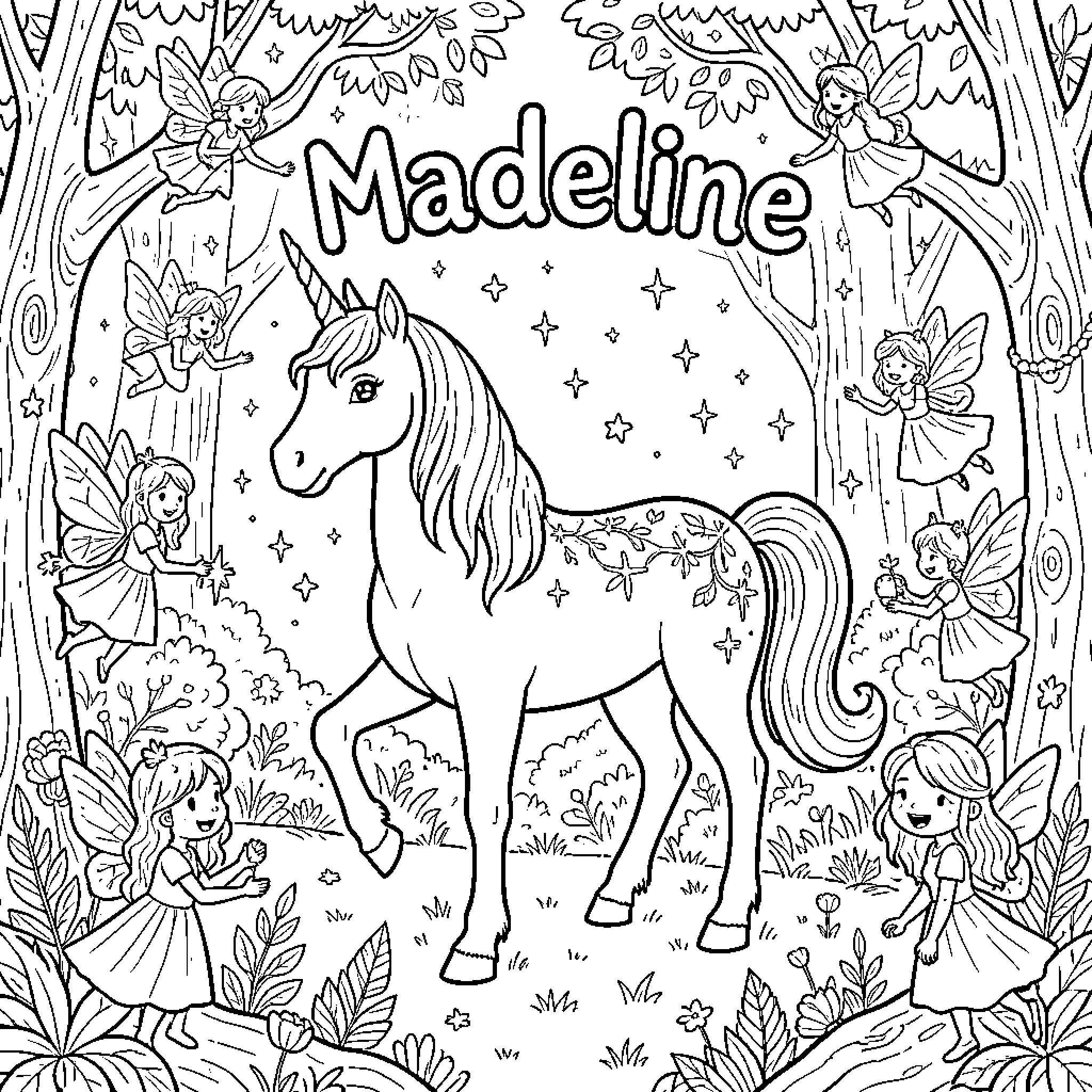 Unicorn and Fairies in the Enchanted Forest Coloring Page (free black-and-white line drawing printable PDF for all, from beginners to advanced learners, including children, teens, adults, and seniors)