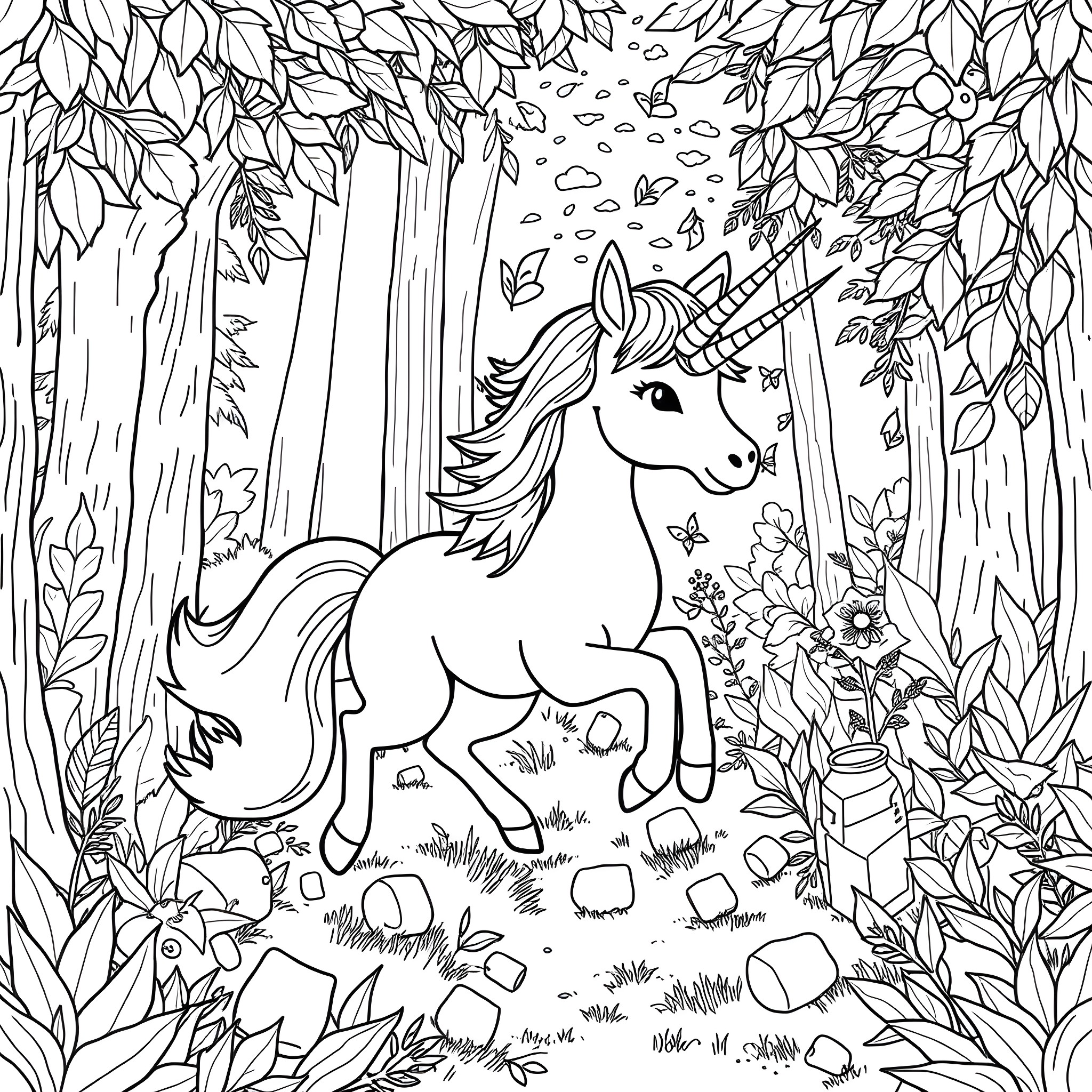 Unicorn running through the enchanted forest Coloring Page (free black-and-white line drawing printable PDF for all, from beginners to advanced learners, including children, teens, adults, and seniors)