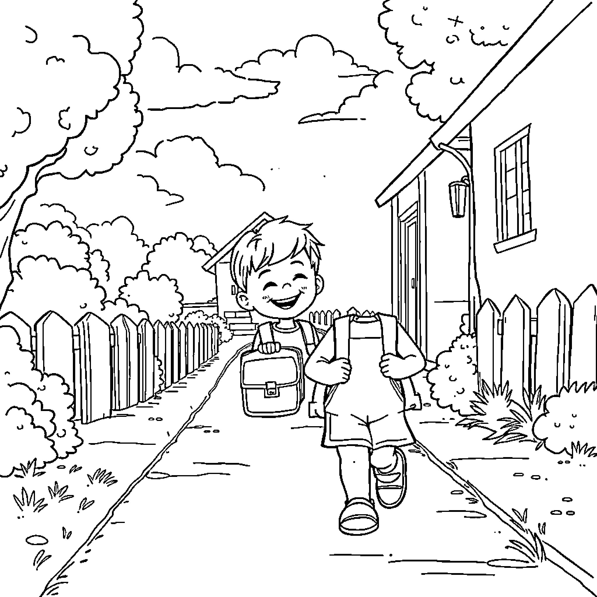 Child walking happily on the path to school Coloring Page (free black-and-white line drawing printable PDF for all, from beginners to advanced learners, including children, teens, adults, and seniors)
