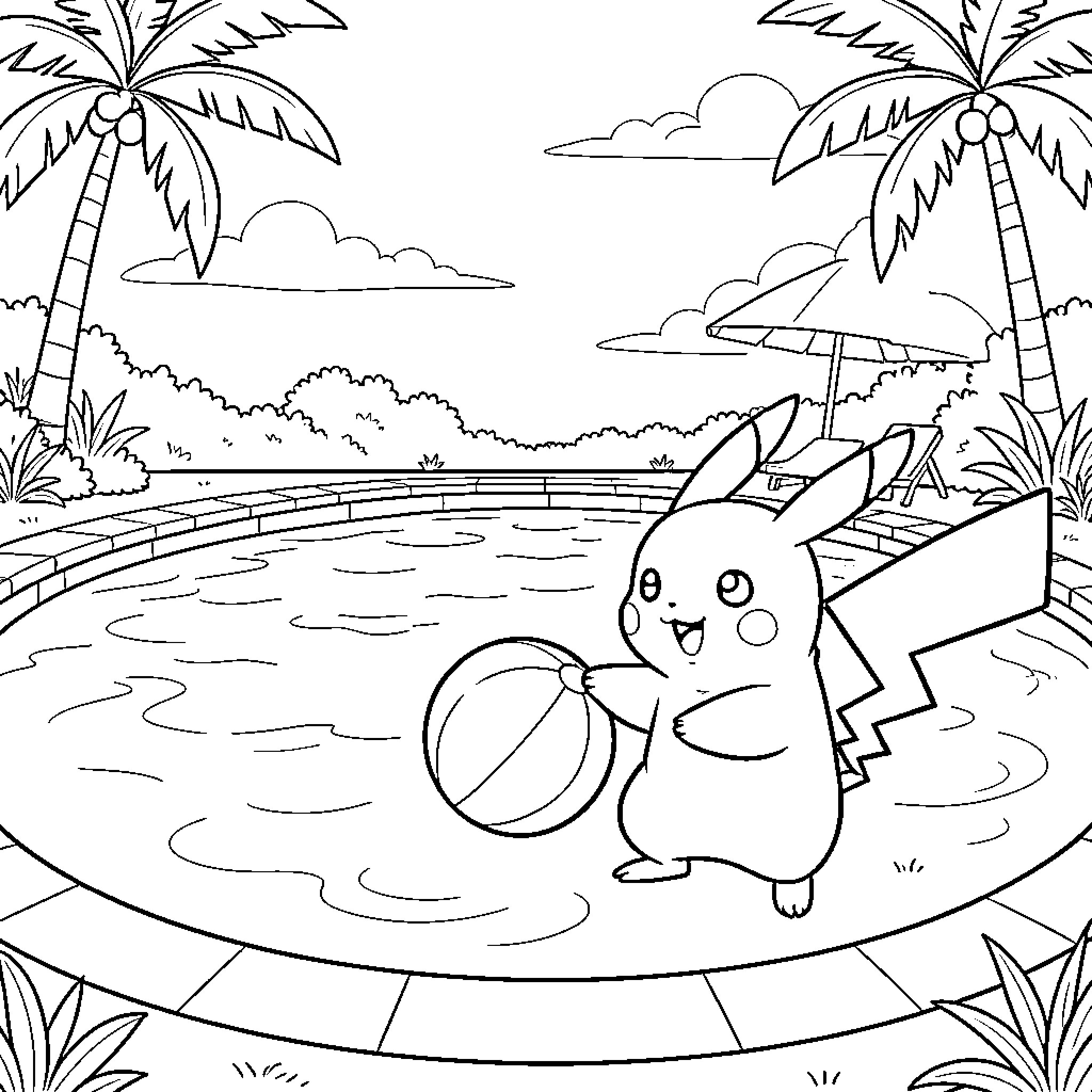 Pikachu playing with a beach ball in a tropical paradise Coloring Page (free black-and-white line drawing printable PDF for all, from beginners to advanced learners, including children, teens, adults, and seniors)