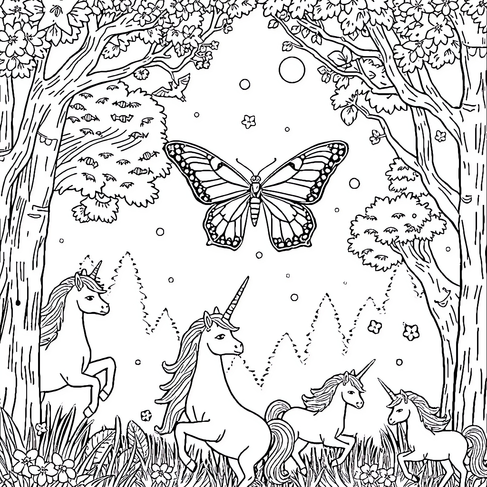 Moth-like Butterfly Enchants Unicorns in Magical Forest Coloring Page (free black-and-white line drawing printable PDF for all, from beginners to advanced learners, including children, teens, adults, and seniors)